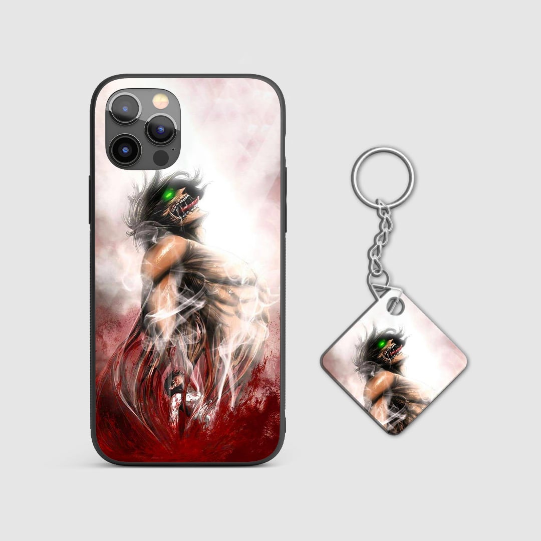 Powerful design of Eren Yeager's Titan form from Attack on Titan on a durable silicone phone case with Keychain.