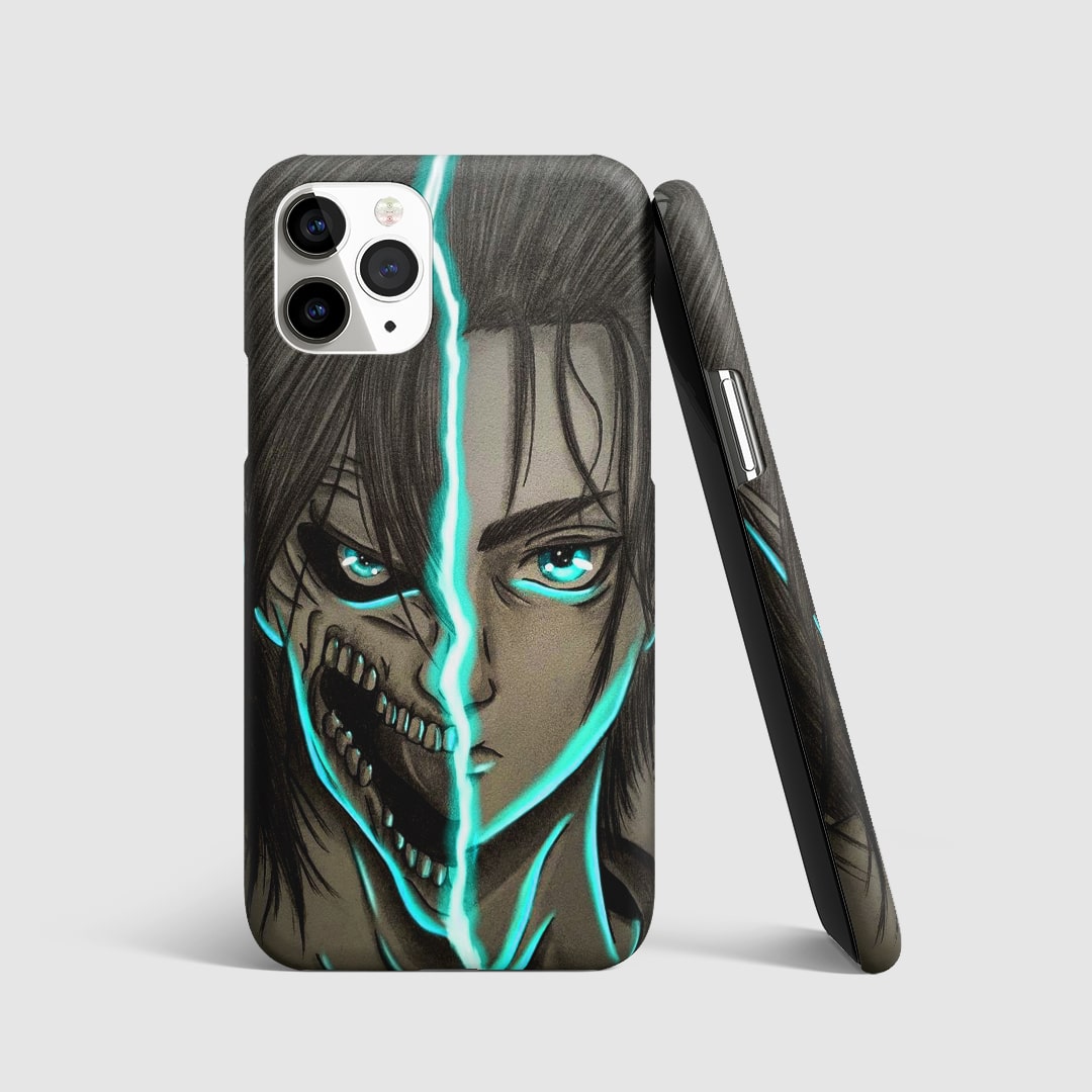 Striking artwork of Eren Yeager as the War Hammer Titan from "Attack on Titan" on phone cover.