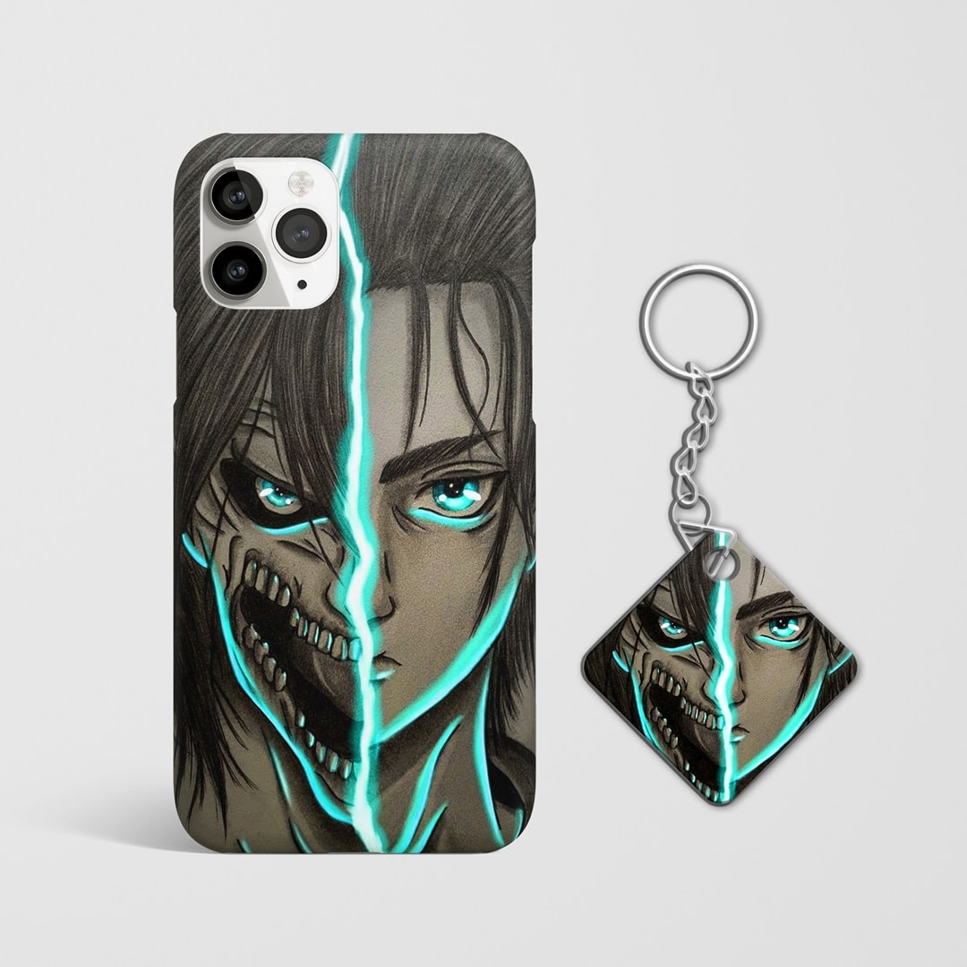 Close-up of Eren’s fierce expression in War Hammer Titan form on phone case with Keychain.