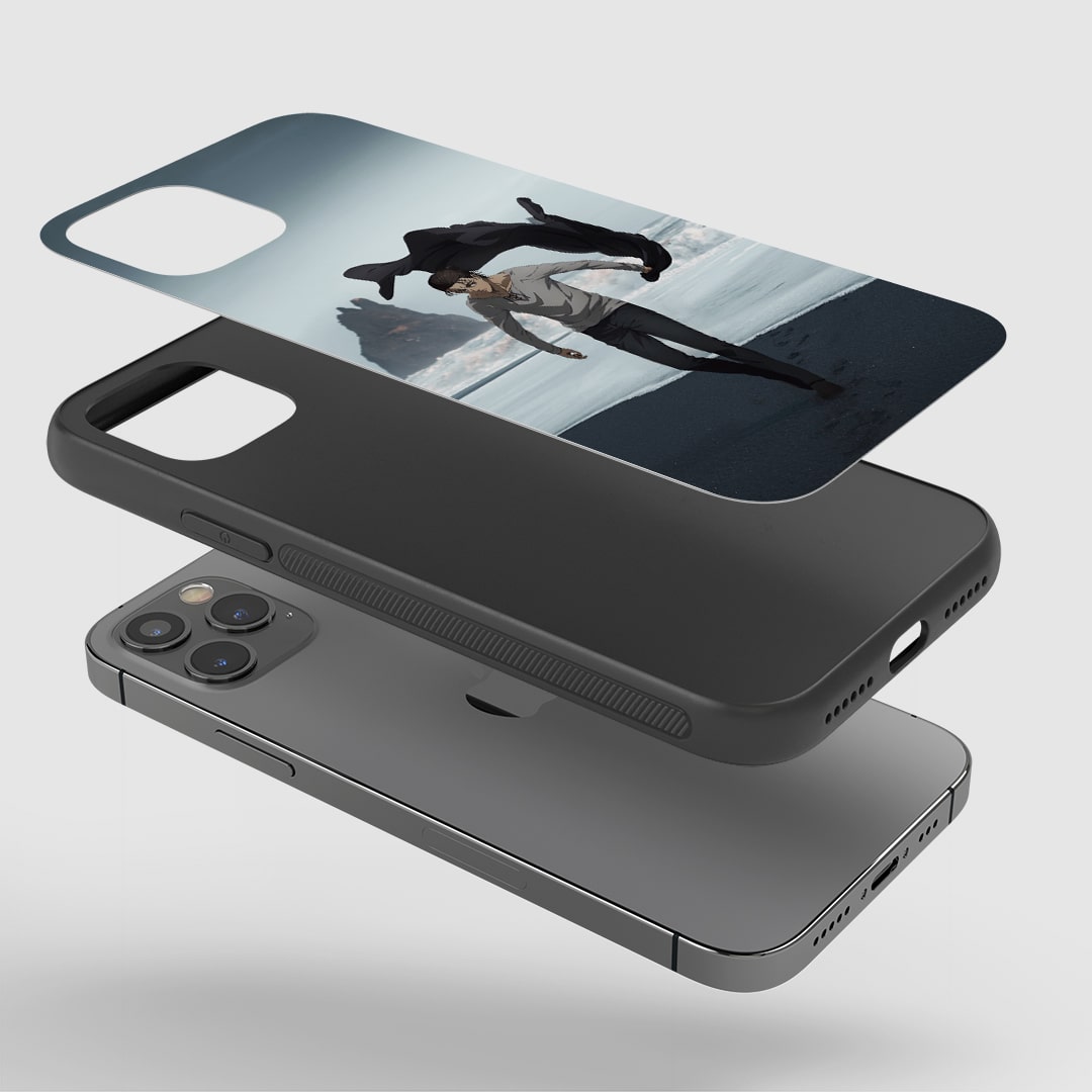 Eren Yeager Beach Phone Case installed on a smartphone, offering robust protection and a serene design.