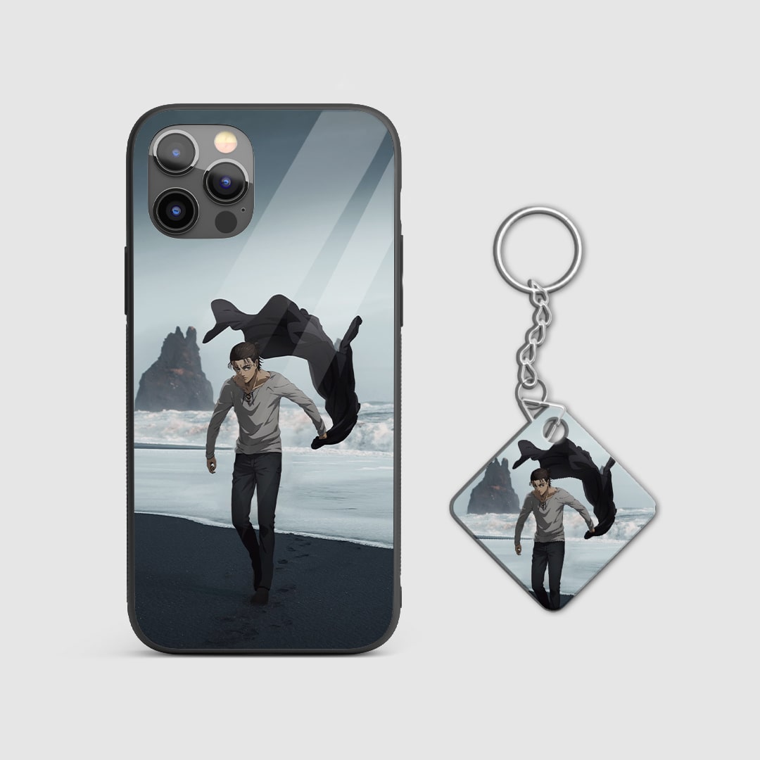 Peaceful design of Eren Yeager at the beach from Attack on Titan on a durable silicone phone case with Keychain.