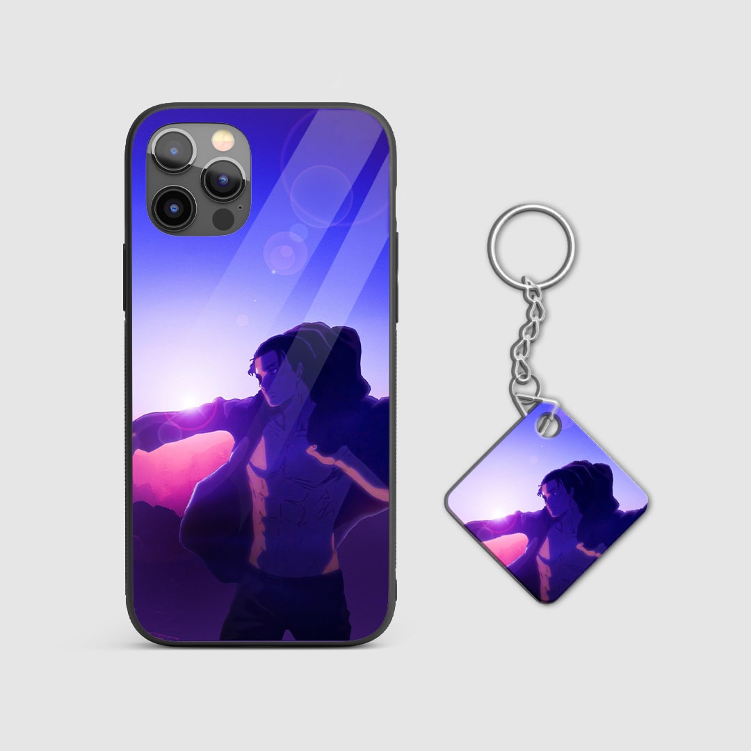 Colorful design of Eren Yeager from Attack on Titan on a durable silicone phone case with Keychain.