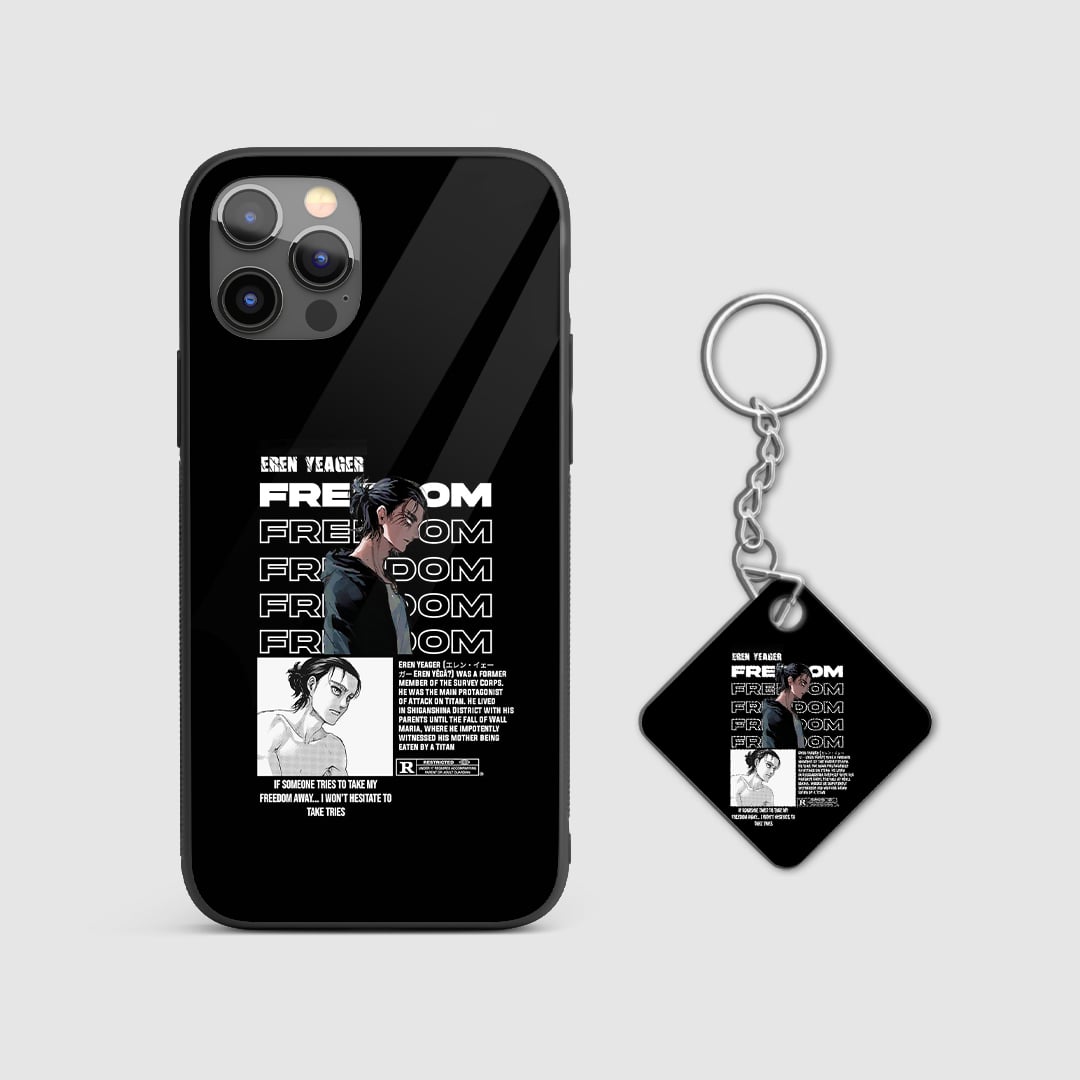 Powerful design of Eren Yeager from Attack on Titan on a durable silicone phone case with Keychain.