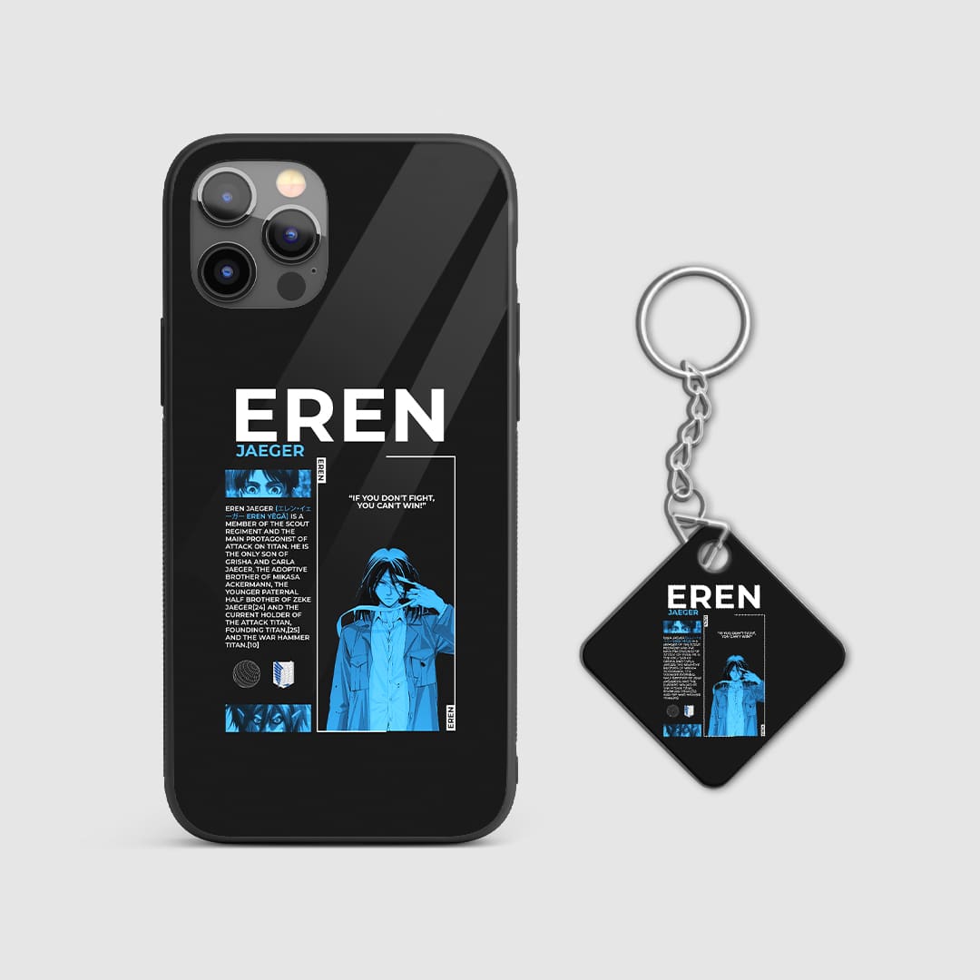 Powerful design of Eren Yeager from Attack on Titan on a durable silicone phone case with Keychain.