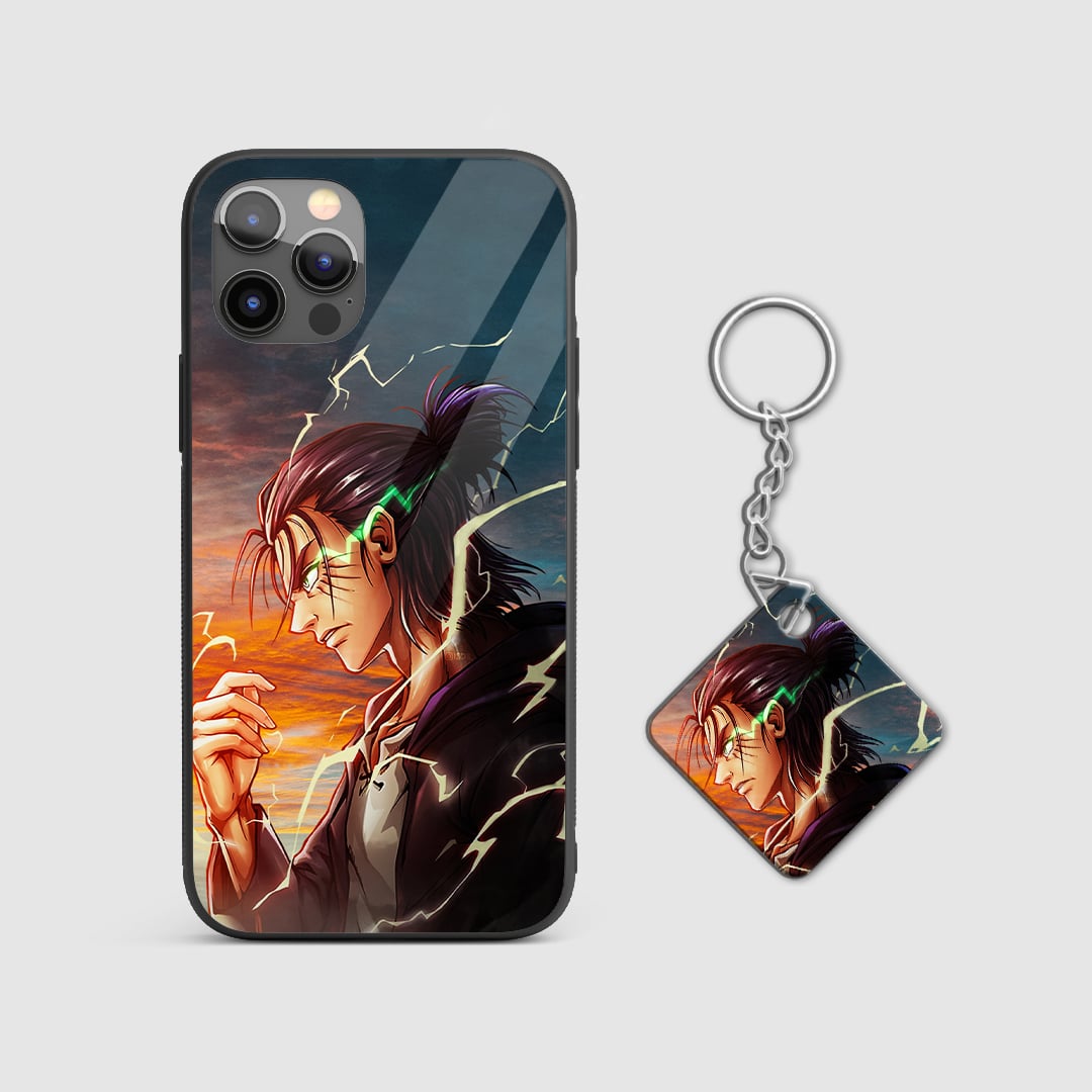 Dynamic lightning design of Eren Yeager from Attack on Titan on a durable silicone phone case with Keychain.