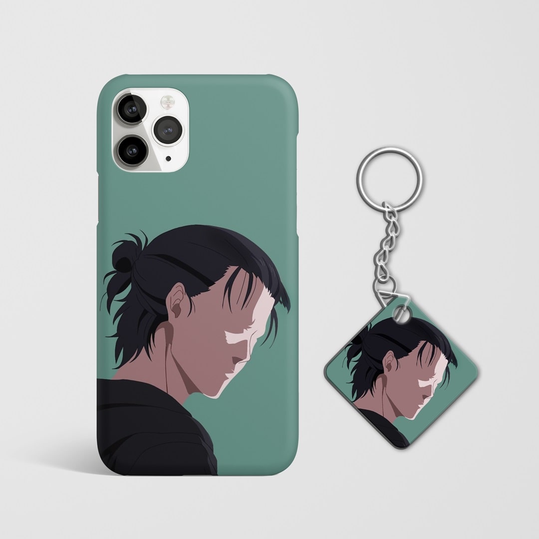 Close-up of Eren’s intense expression in minimalist style on phone case with Keychain.