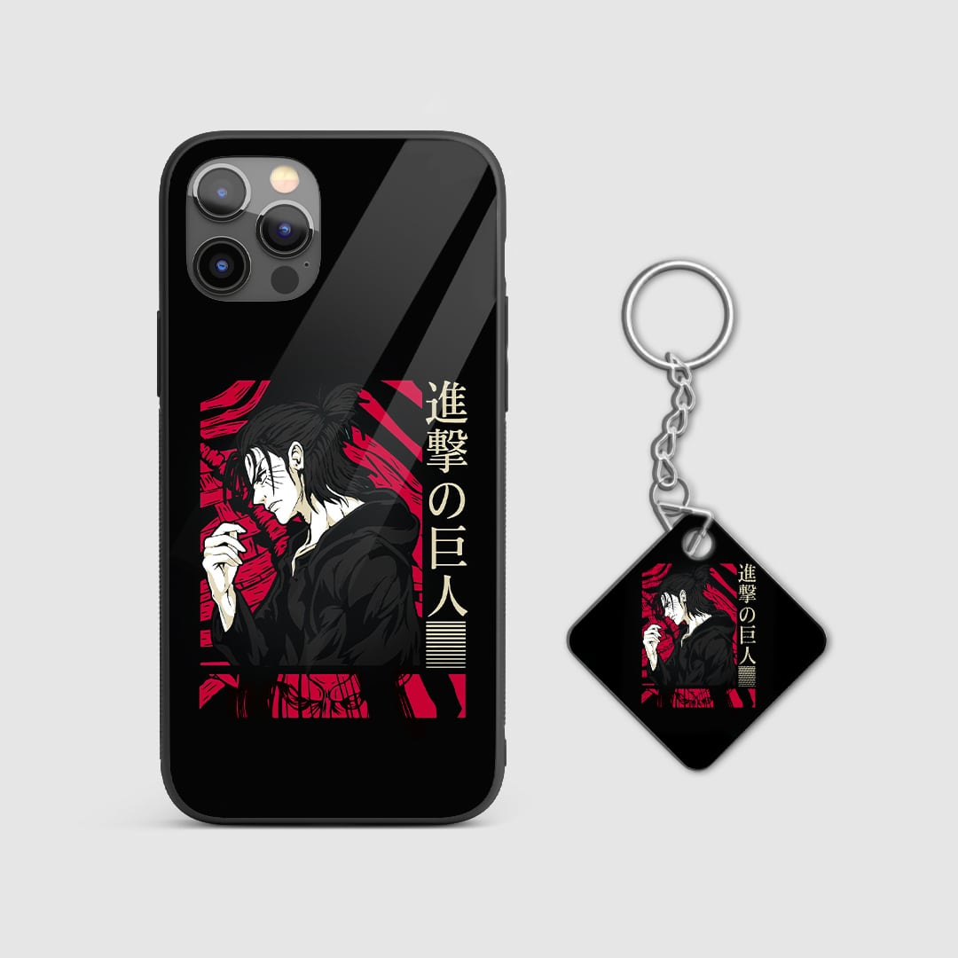 Intense red and black design of Eren Yeager from Attack on Titan on a durable silicone phone case with Keychain.