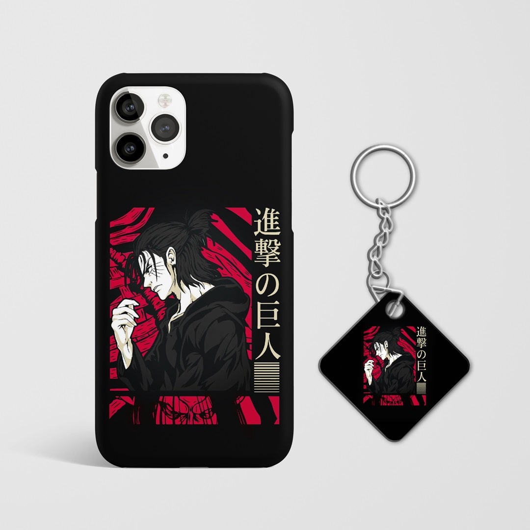 Close-up of Eren’s intense expression in a dramatic red and black color scheme on phone case with Keychain.