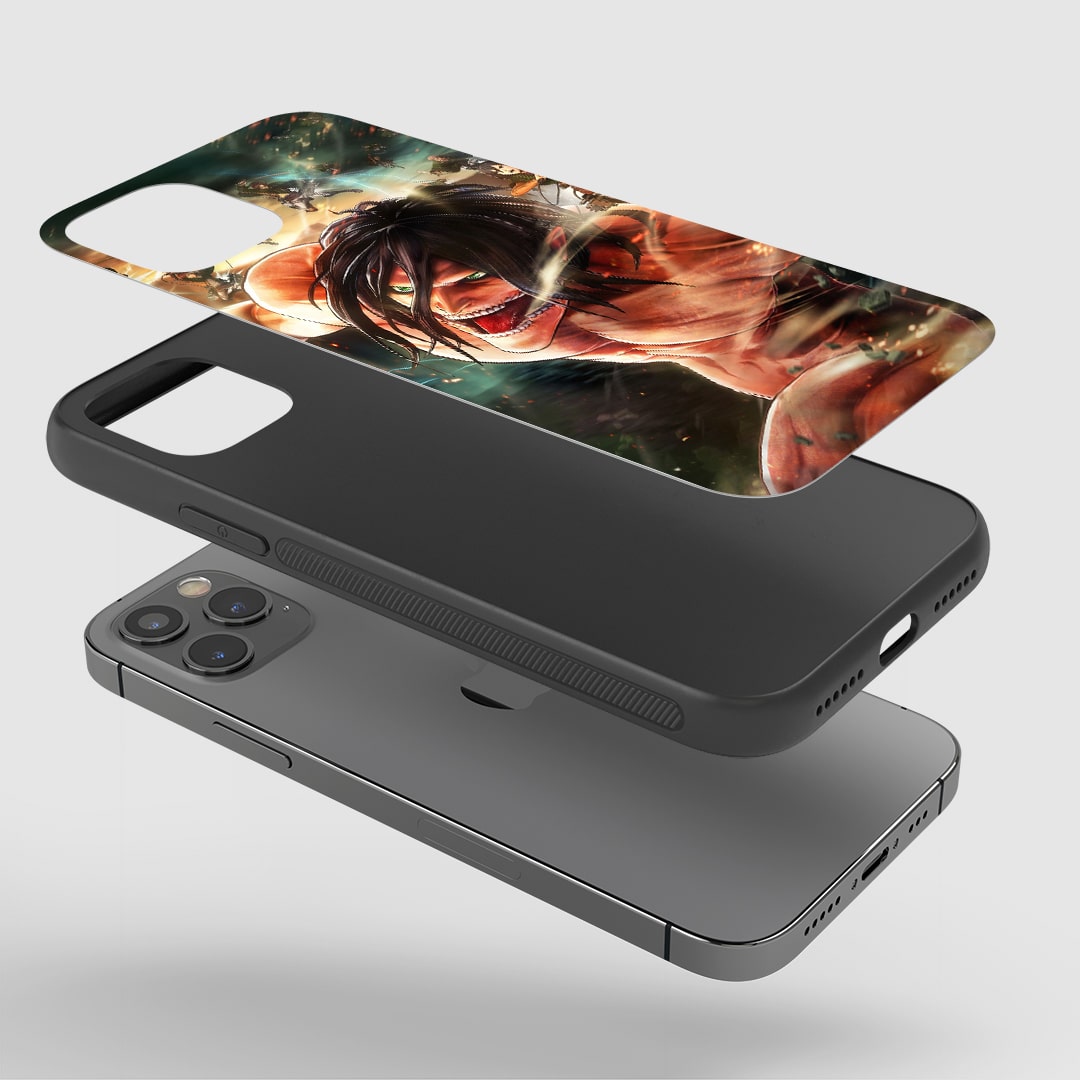 Eren Yeager Action Phone Case installed on a smartphone, offering robust protection and a dynamic design.