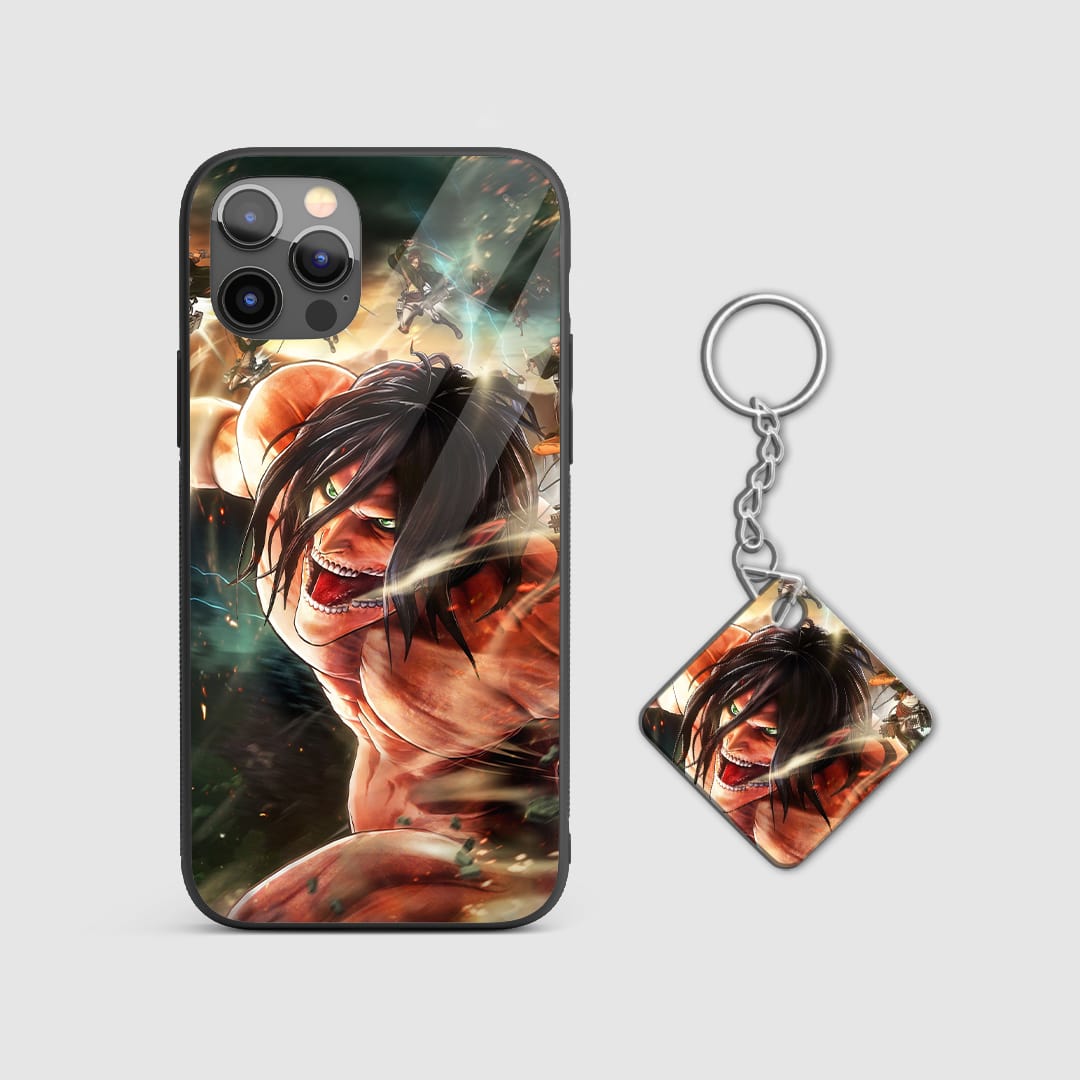 Intense design of Eren Yeager in action from Attack on Titan on a durable silicone phone case with Keychain.