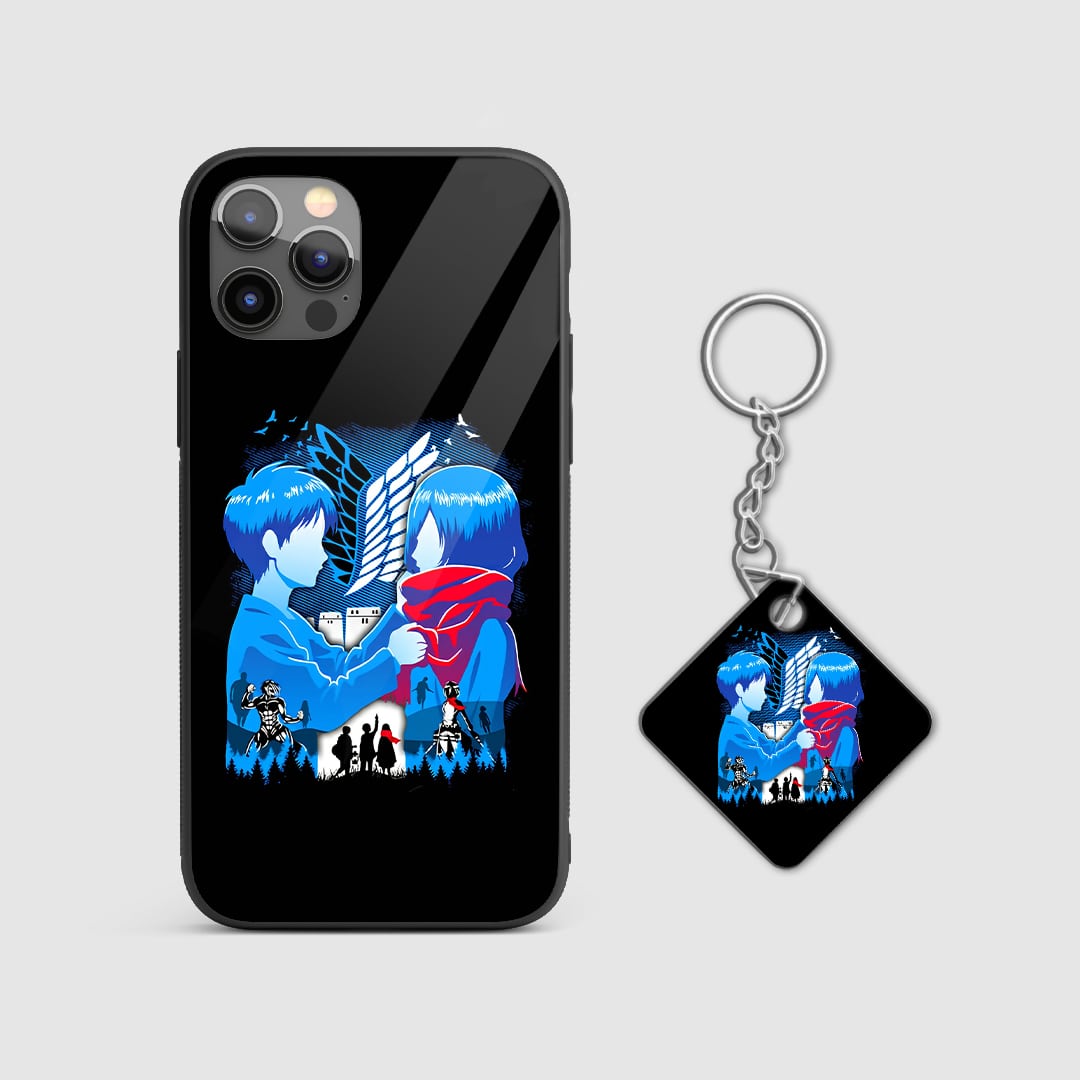 Iconic design of Eren and Mikasa from Attack on Titan on a durable silicone phone case with Keychain.