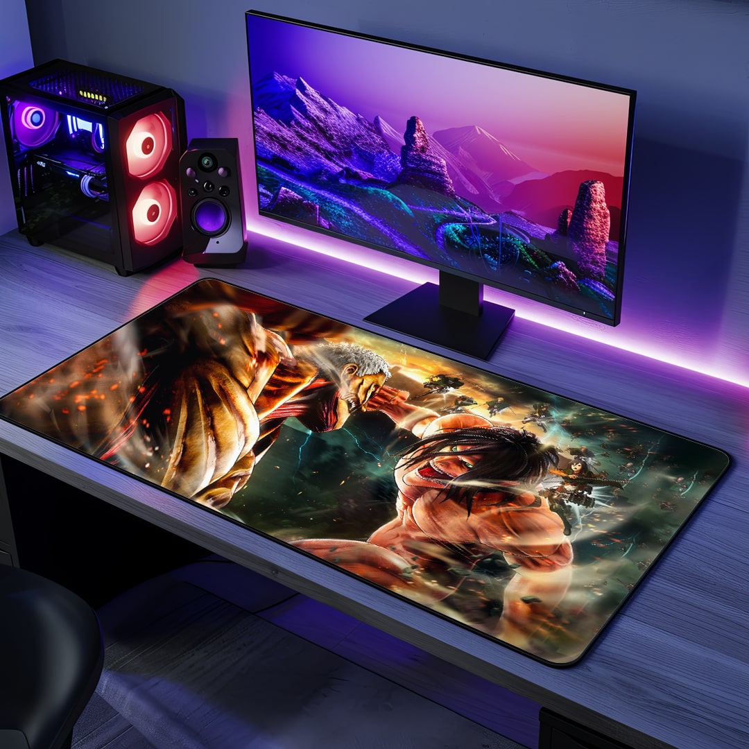Eren vs Armored Titan Desk Mat with epic anime battle design
