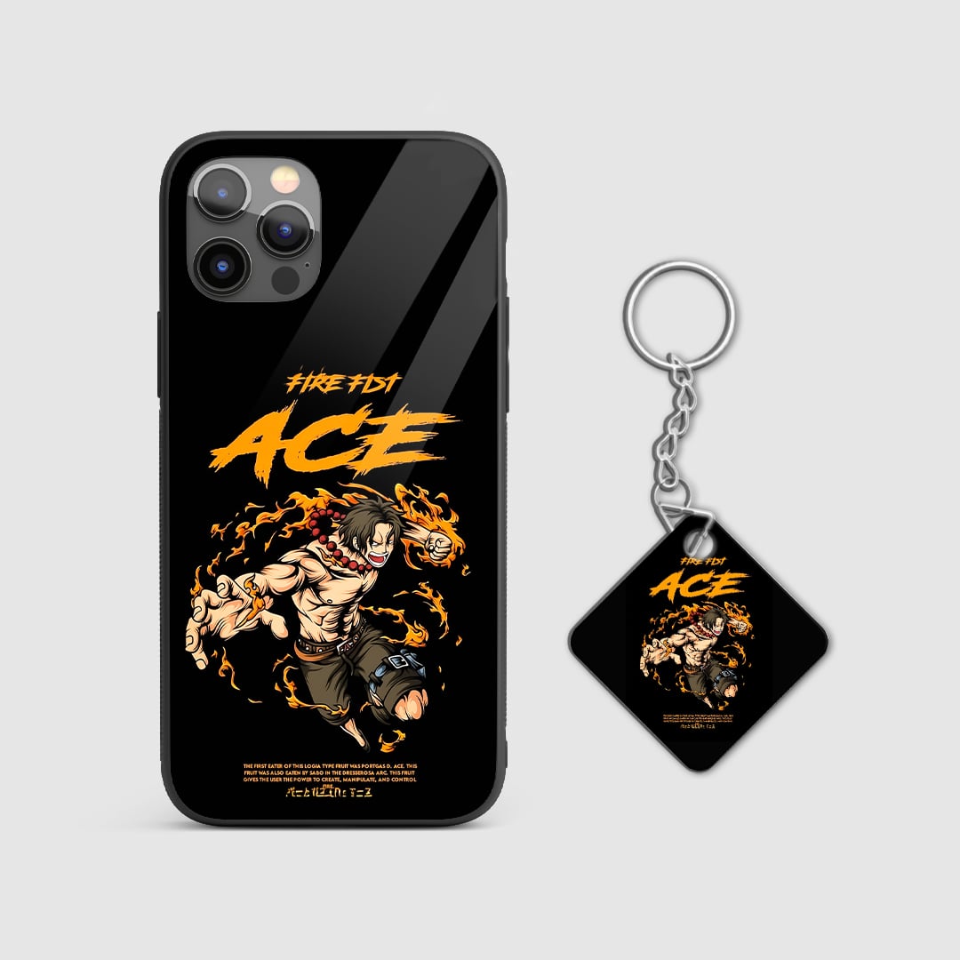 Back view of Fire Fist Ace Minimal Case featuring minimal flame artwork with Keychain.