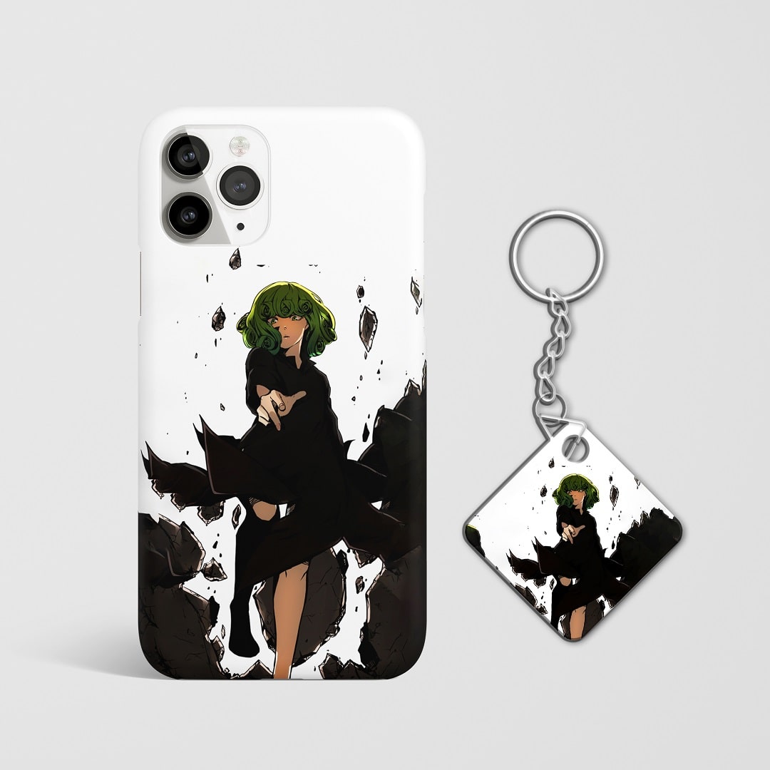 Close-up of Fubuki’s intense expression in action pose on phone case with Keychain.