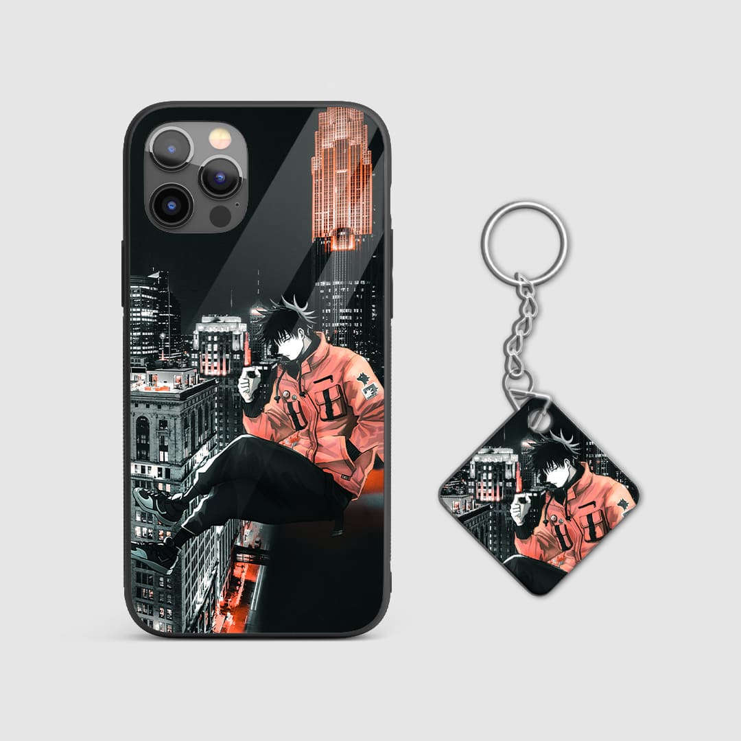 Dynamic illustration of Megumi Fushiguro with a mystical background on the silicone phone case with Keychain.