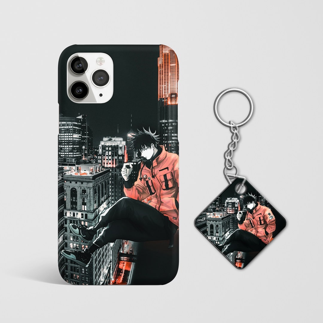 Close-up of dynamic Fushiguro Megumi artwork on phone case with Keychain.