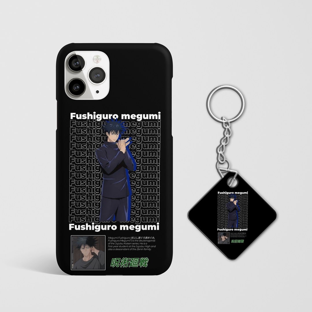Close-up of stylish name pattern design on Fushiguro Megumi phone case with Keychain.