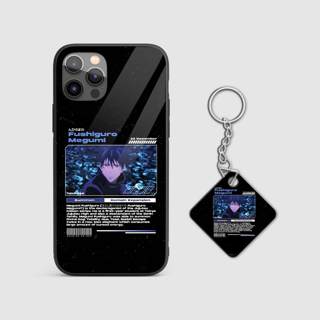 Intricate design featuring elements associated with Fushiguro’s shikigami powers on the phone case with Keychain.