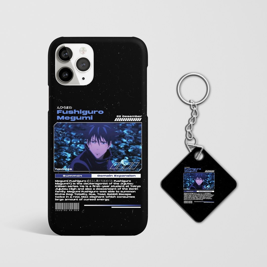 Close-up of Fushiguro Megumi character overview on phone case with Keychain.