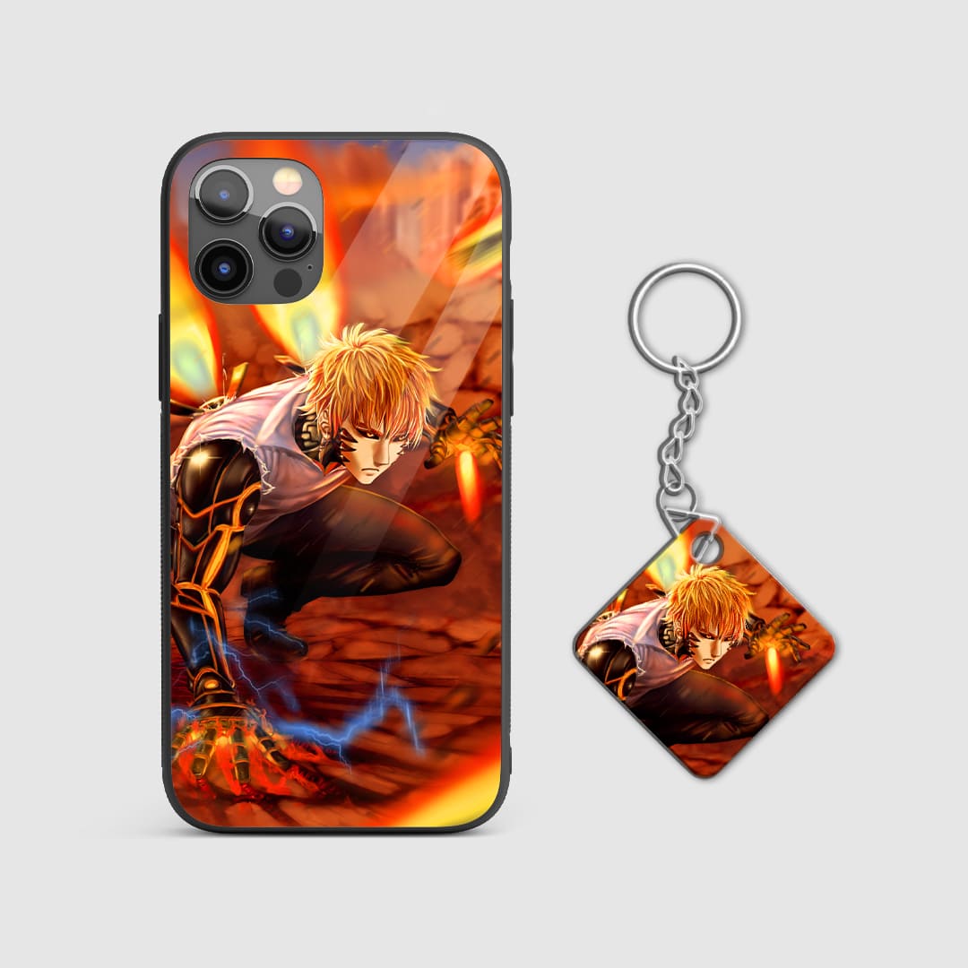 Powerful design of Genos from popular anime on a durable silicone phone case with Keychain.