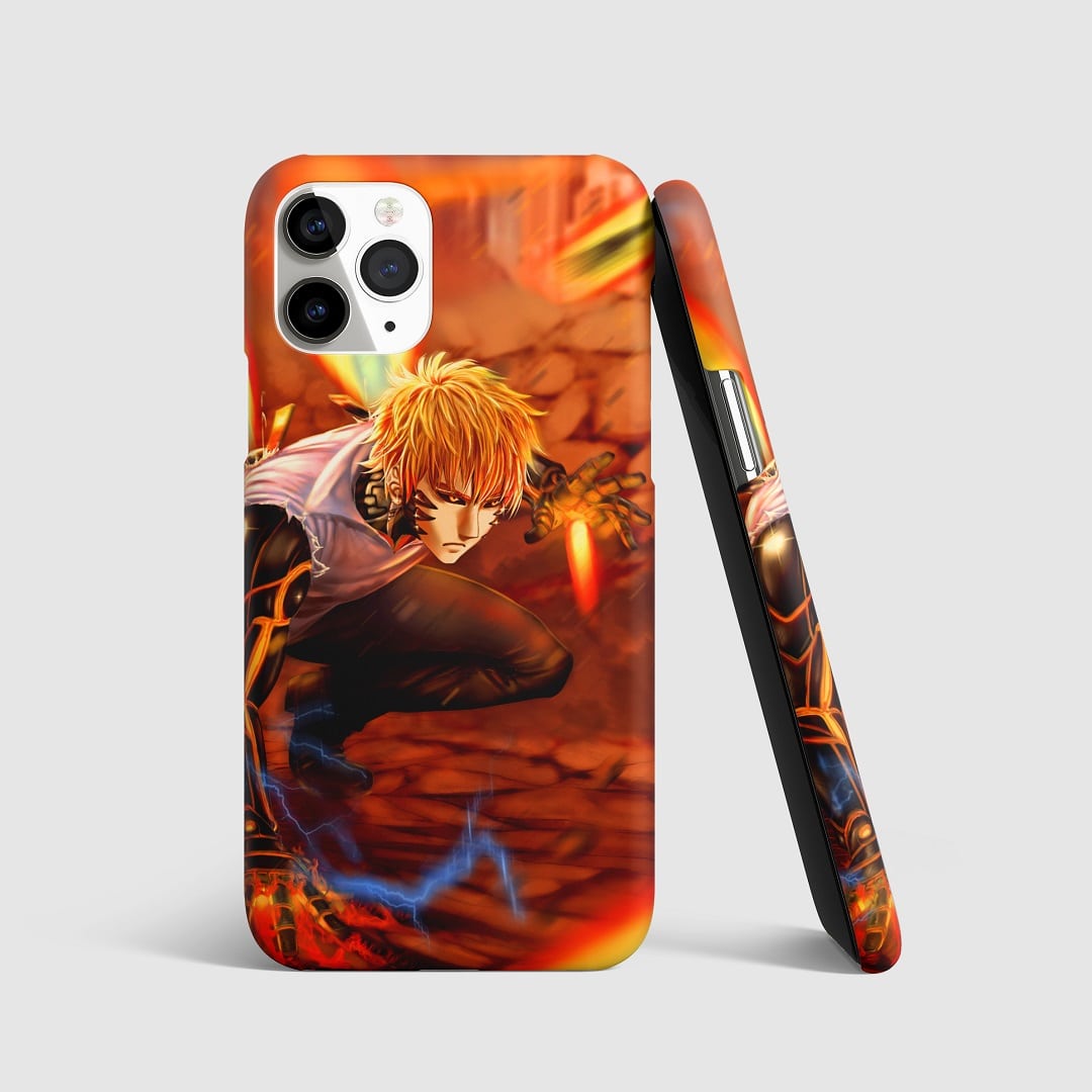 Dynamic artwork of Genos from "One Punch Man" in action on phone cover.