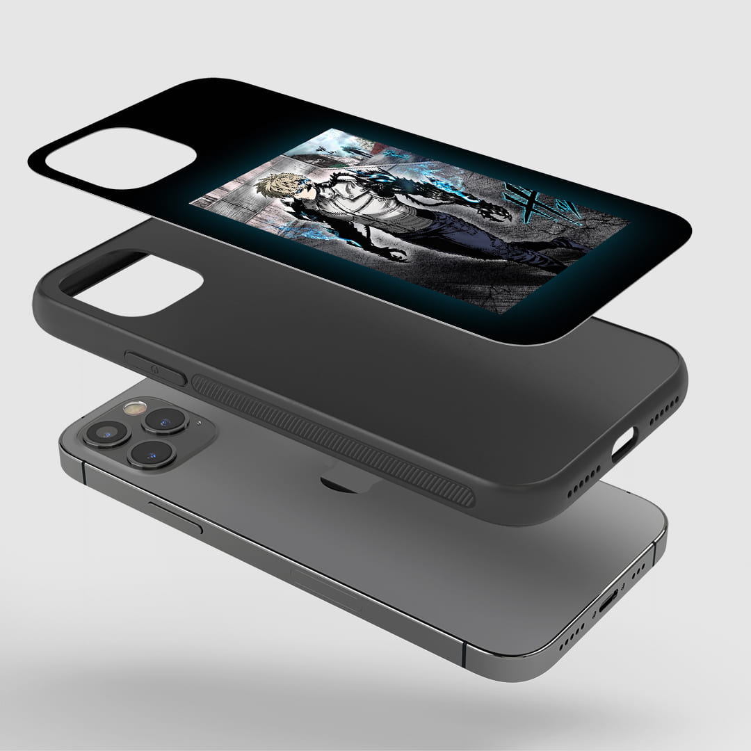 Genos Cyborg Phone Case installed on a smartphone, offering robust protection and a dynamic design.