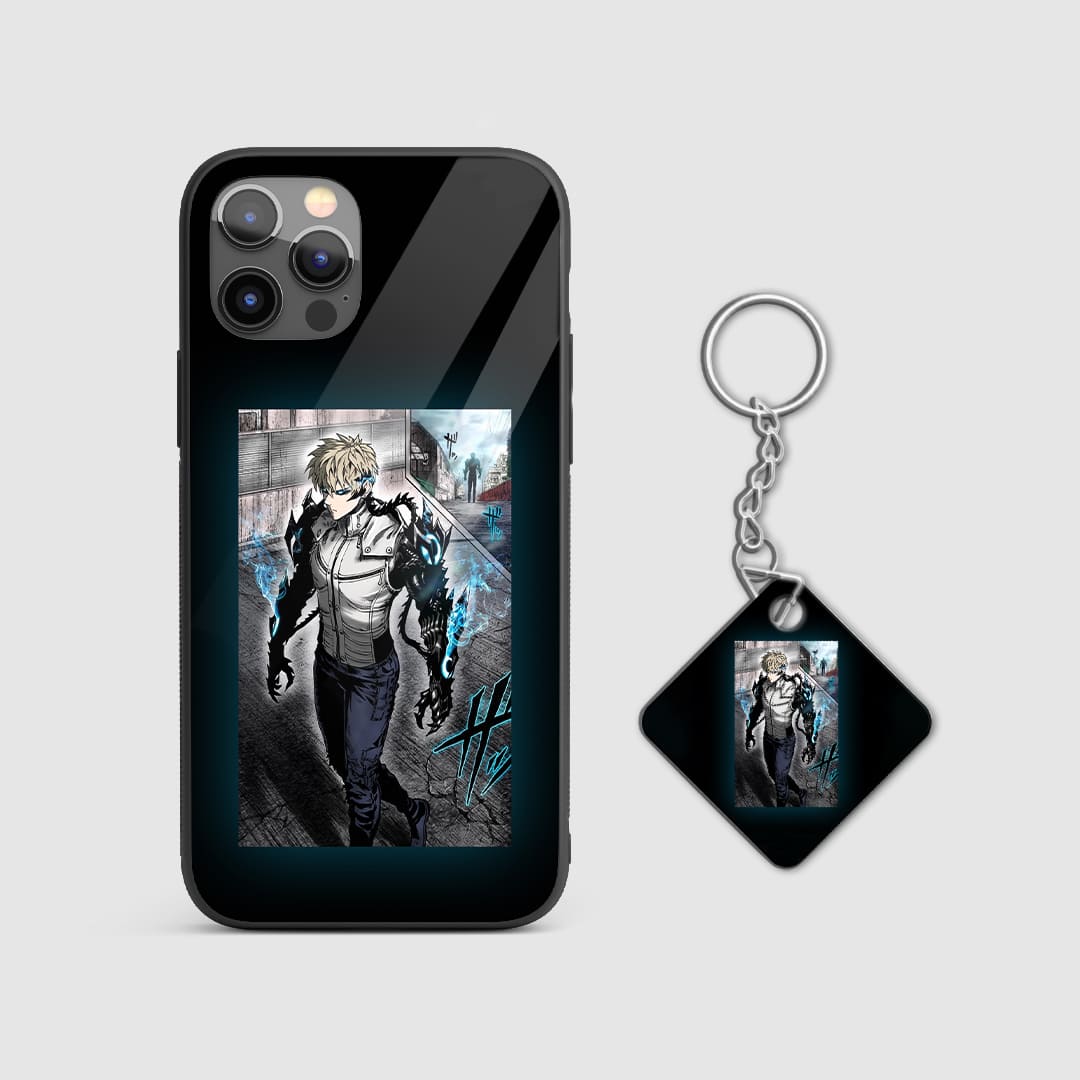 Powerful design of Genos from One Punch Man on a durable silicone phone case with Keychain.