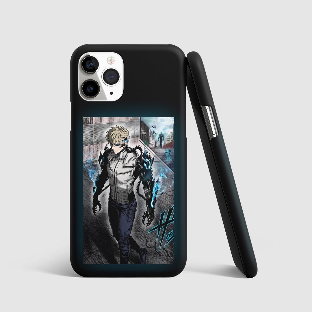 Striking artwork of Genos from "One Punch Man" on phone cover.
