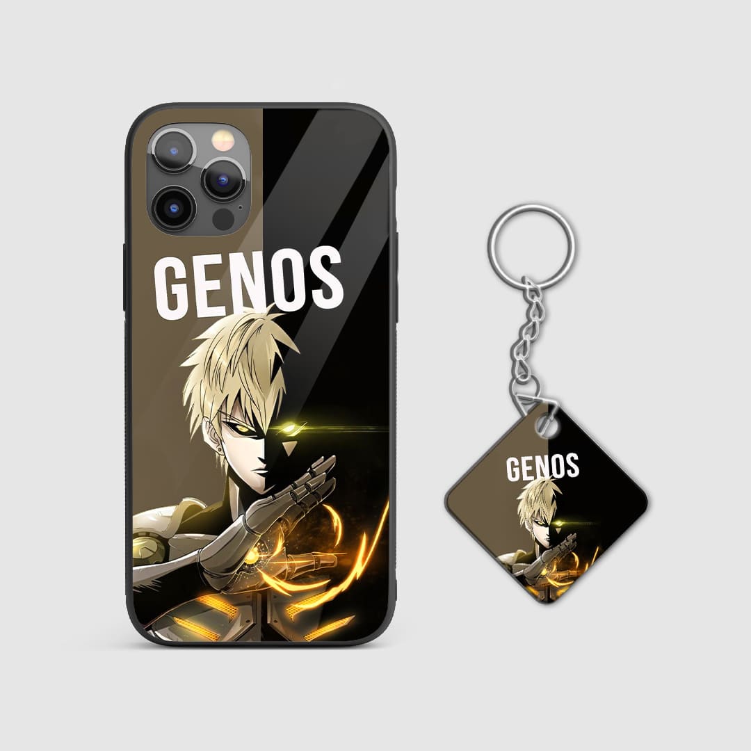 Dynamic design of Genos from One Punch Man on a durable silicone phone case with Keychain.