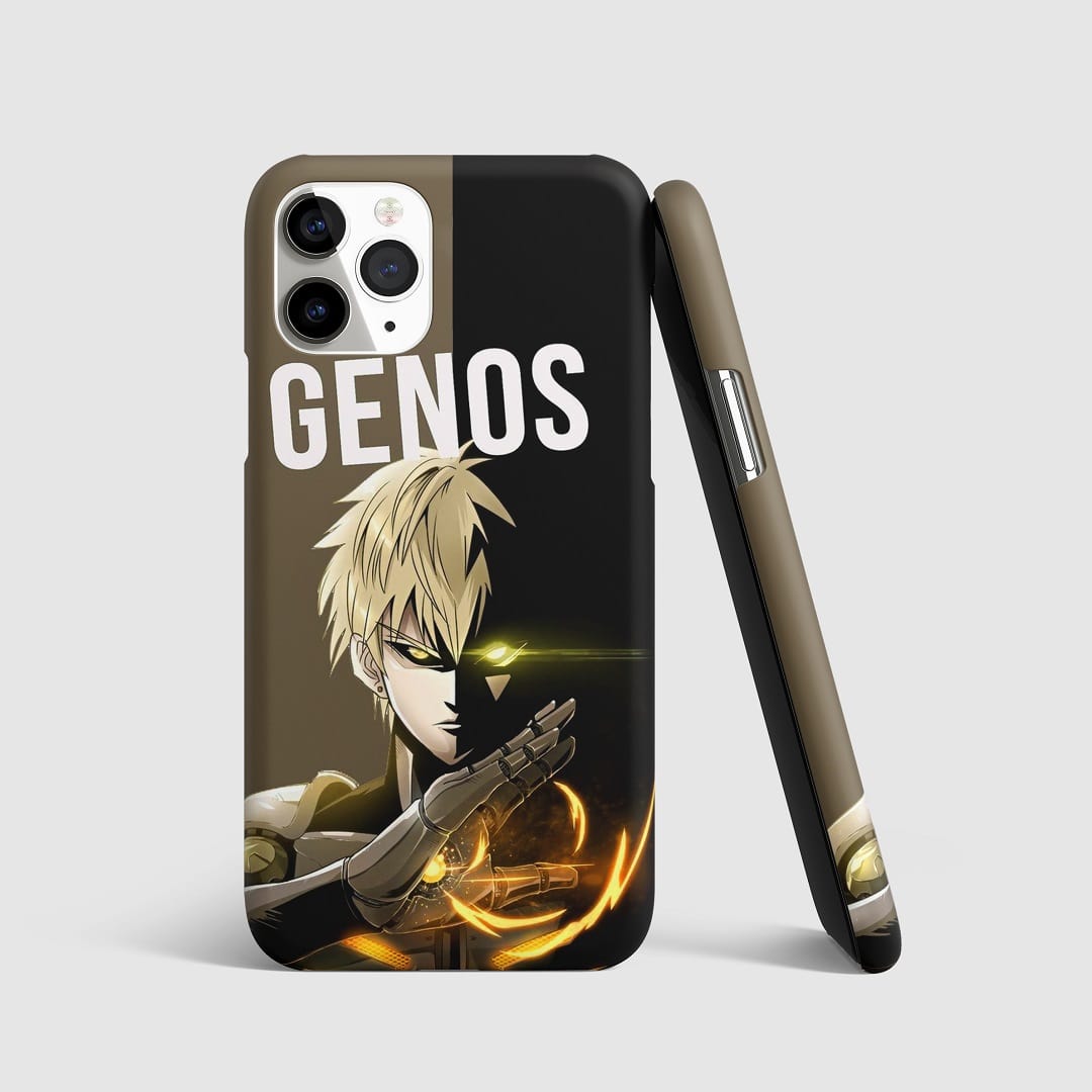 Bold artwork of Genos from "One Punch Man" on phone cover.