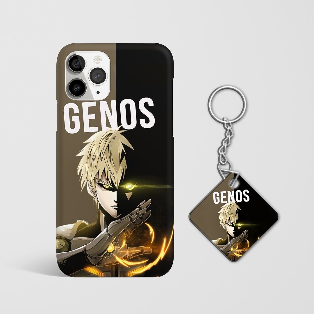 Close-up of Genos’s intense expression on graphic phone case with Keychain.