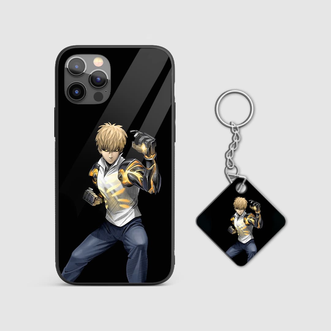 Minimalist design of Genos from One Punch Man on a durable silicone phone case with Keychain.