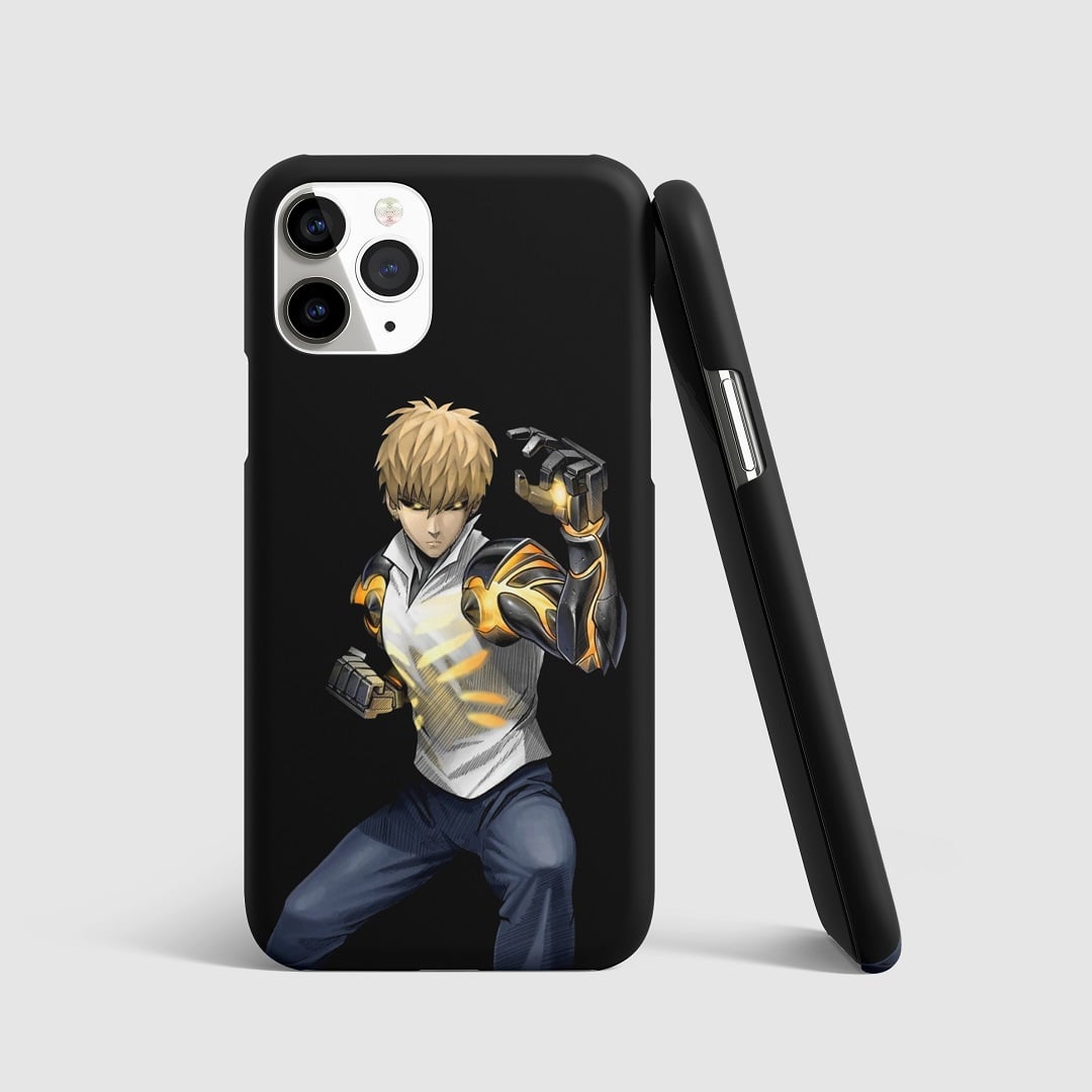 Minimalist artwork of Genos from "One Punch Man" on phone cover.
