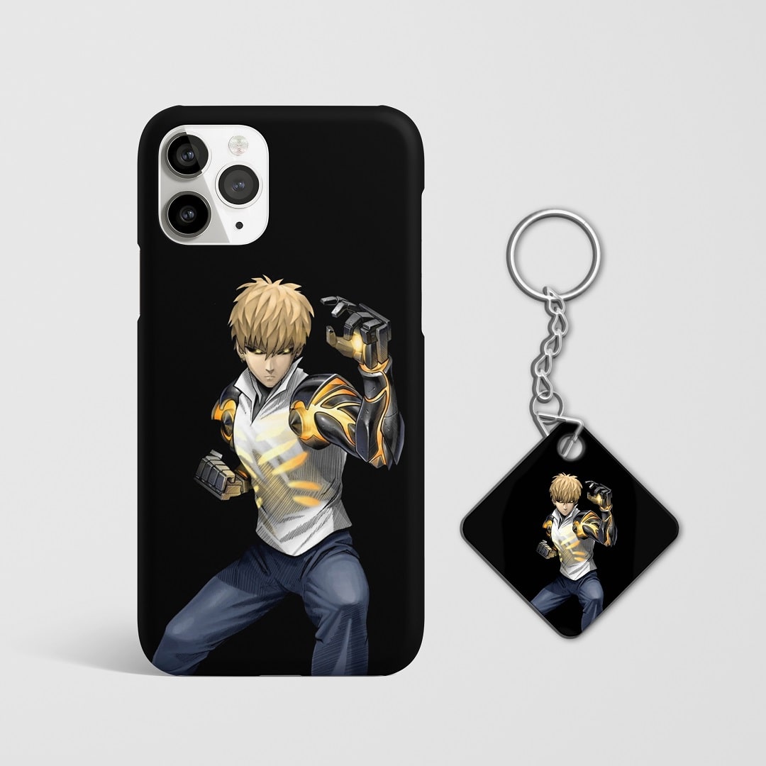 Close-up of Genos’s intense expression on minimalist phone case with Keychain.