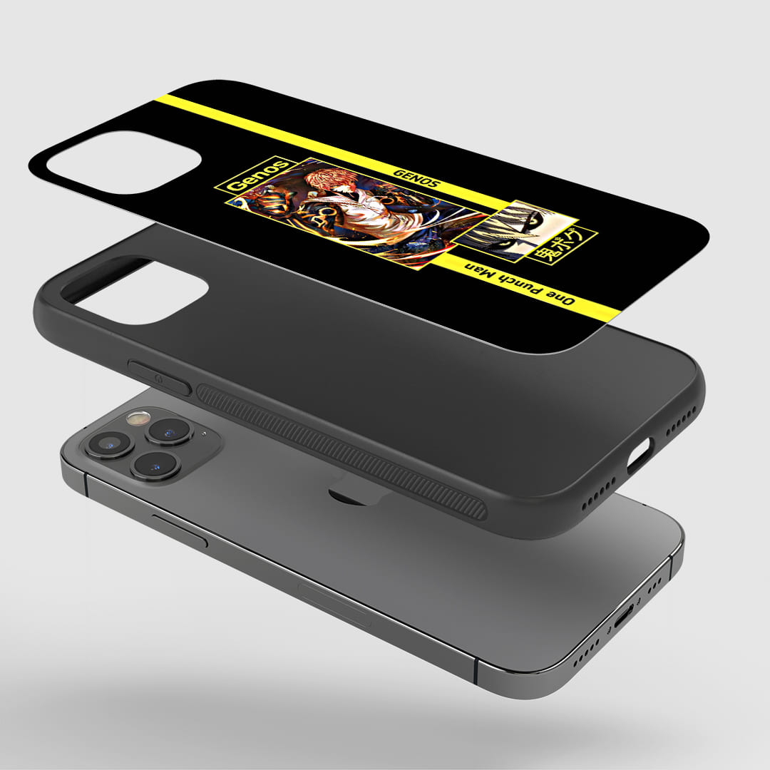Genos One Punch Man Phone Case installed on a smartphone, offering robust protection and a dynamic design.
