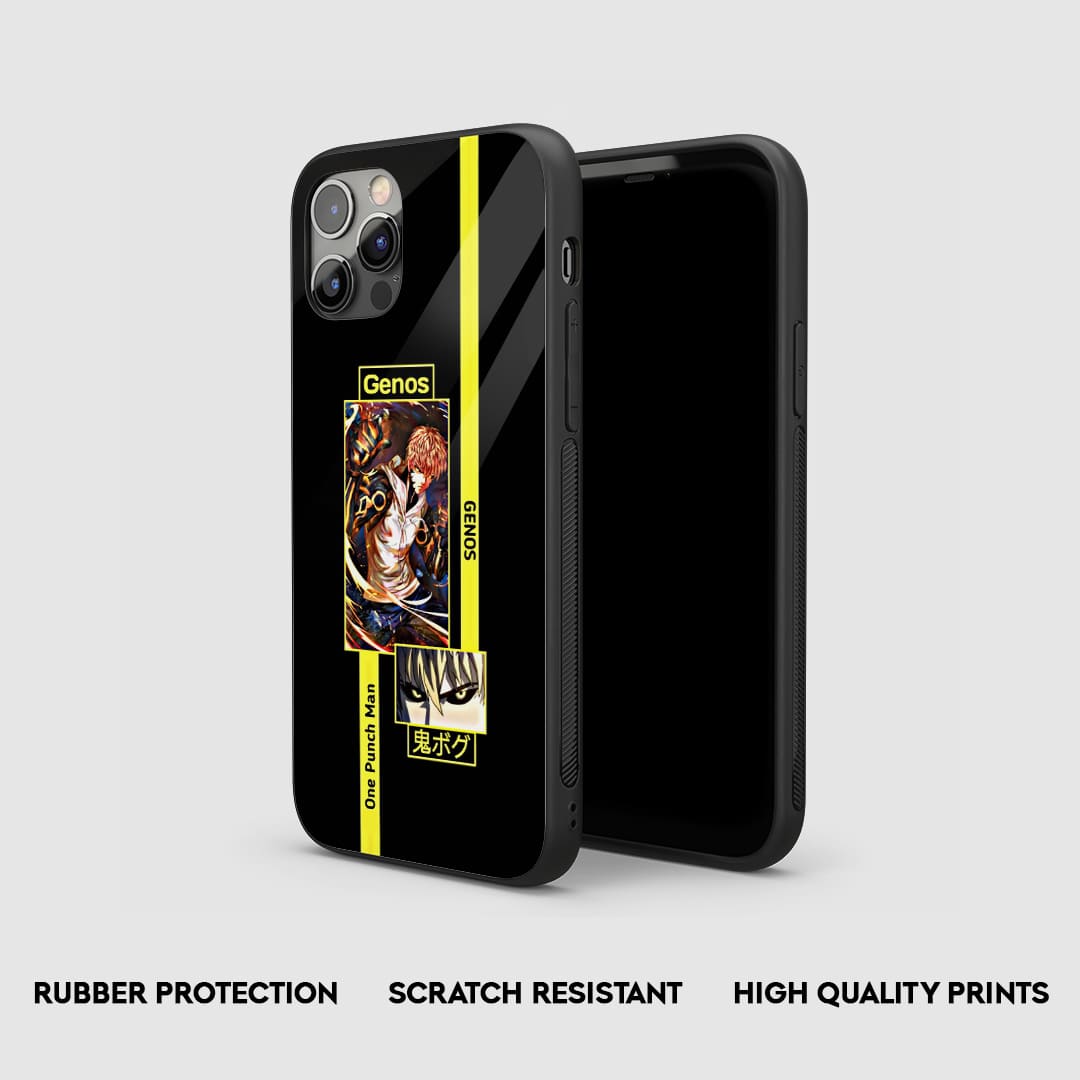 Side view of the Genos One Punch Man Armored Phone Case, highlighting its thick, protective silicone material.