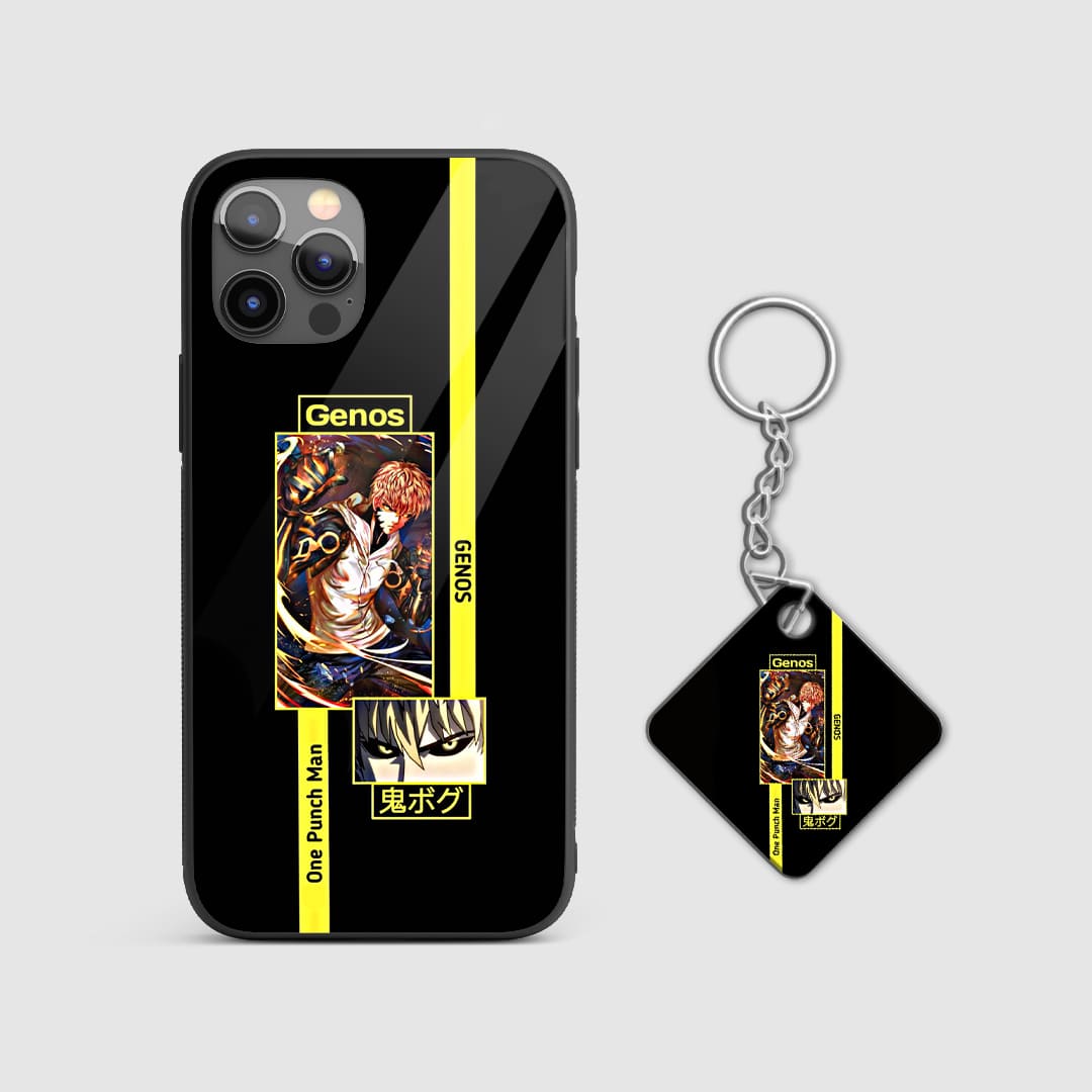 Powerful design of Genos from One Punch Man on a durable silicone phone case with Keychain.