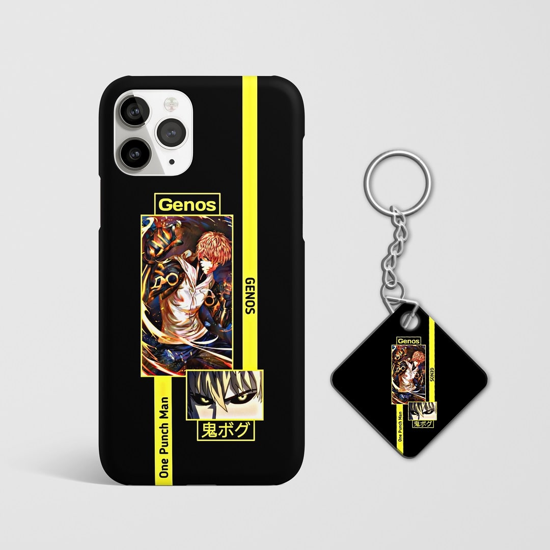 Close-up of Genos’s intense expression on phone case with Keychain.