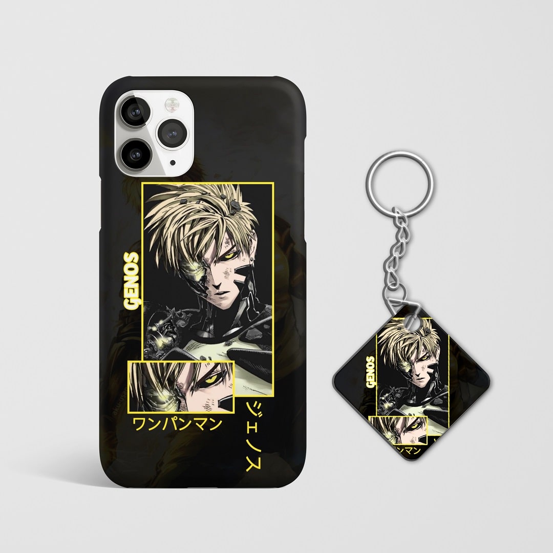 Close-up of Genos’s intense expression on phone case with Keychain.