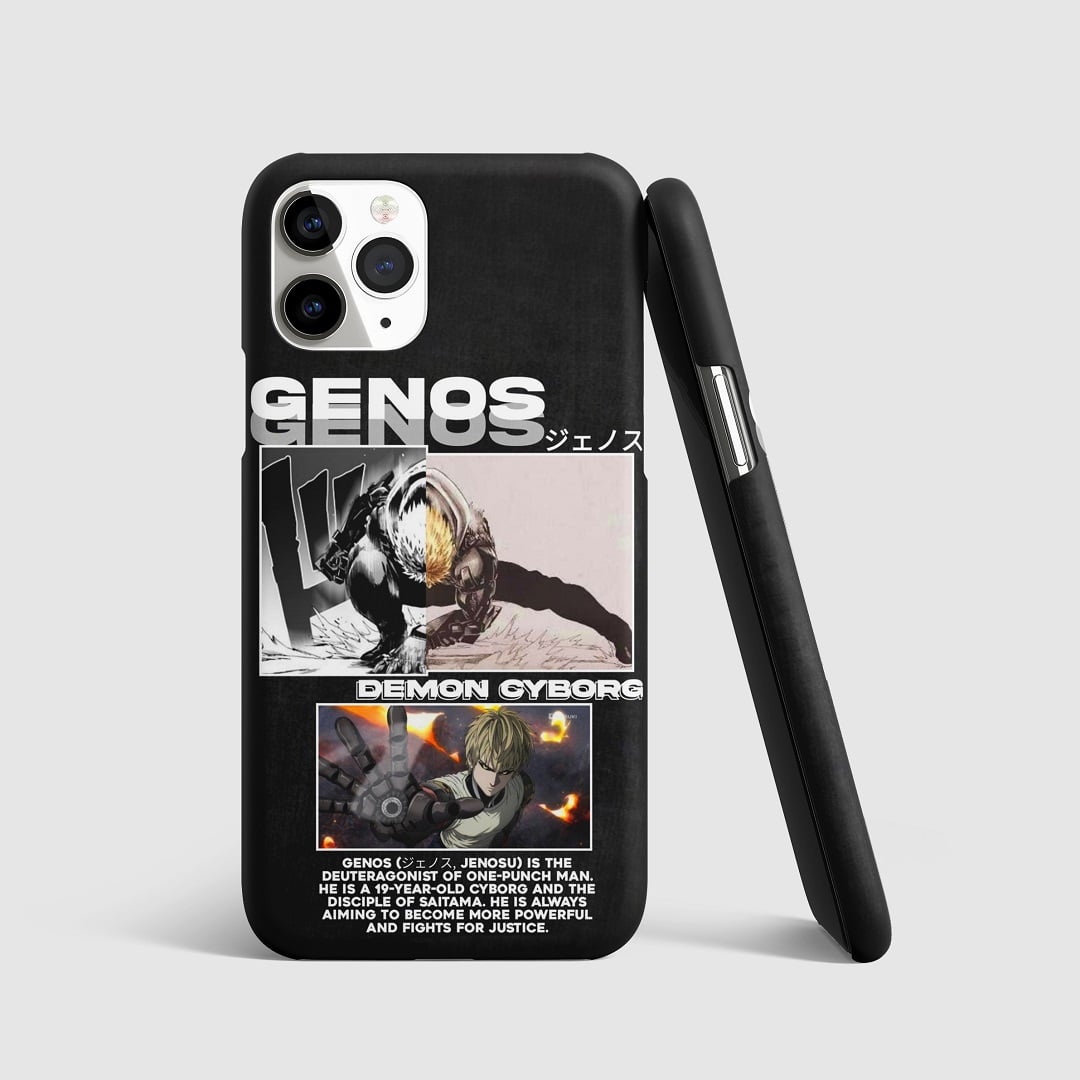 Striking artwork of Genos from "One Punch Man" with backstory elements on phone cover.