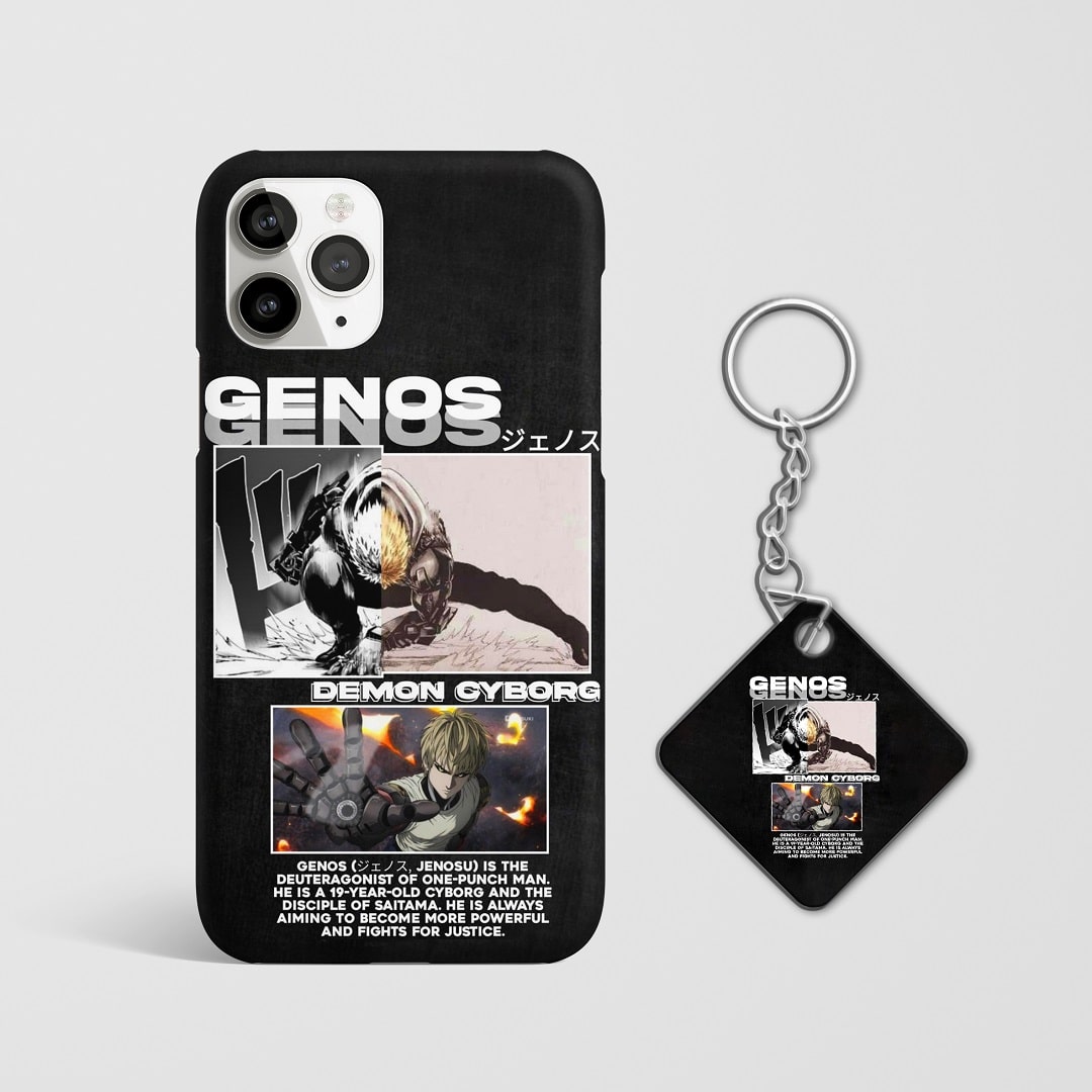 Close-up of Genos’s intense expression on synopsis phone case with Keychain.