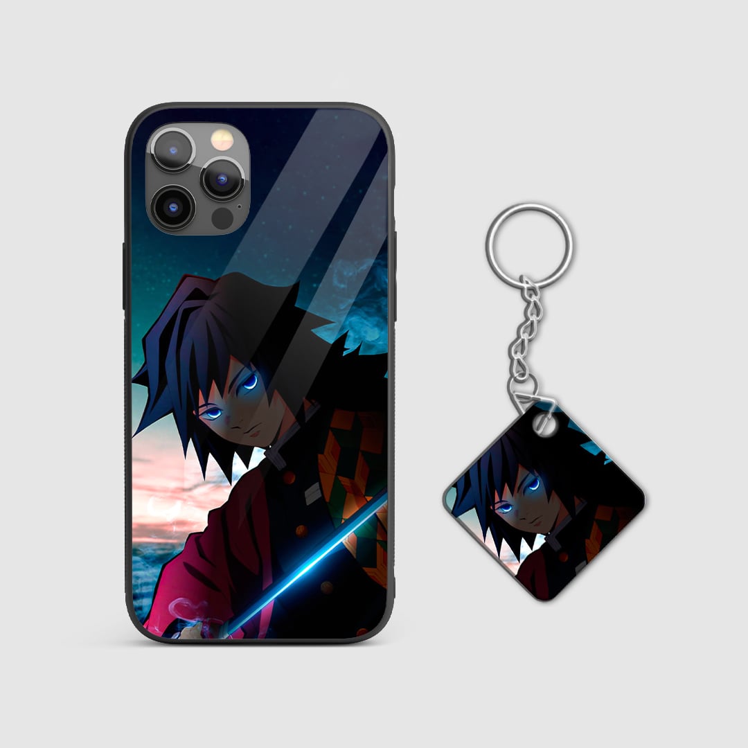 Powerful design of Giyu Tomioka from Demon Slayer on a durable silicone phone case with Keychain.