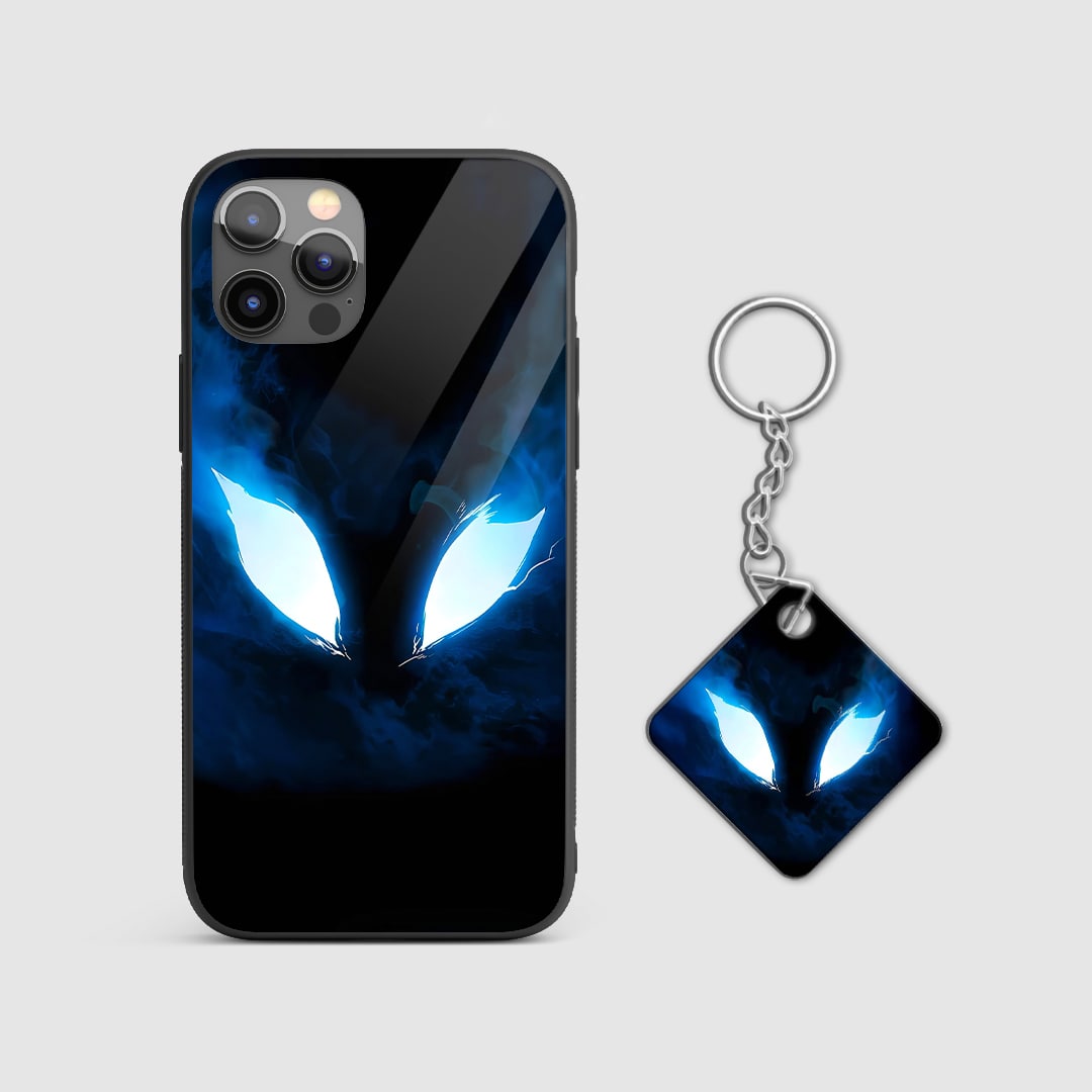 Back view of Blue Eyes Case showing intense glowing anime-style art with Keychain.