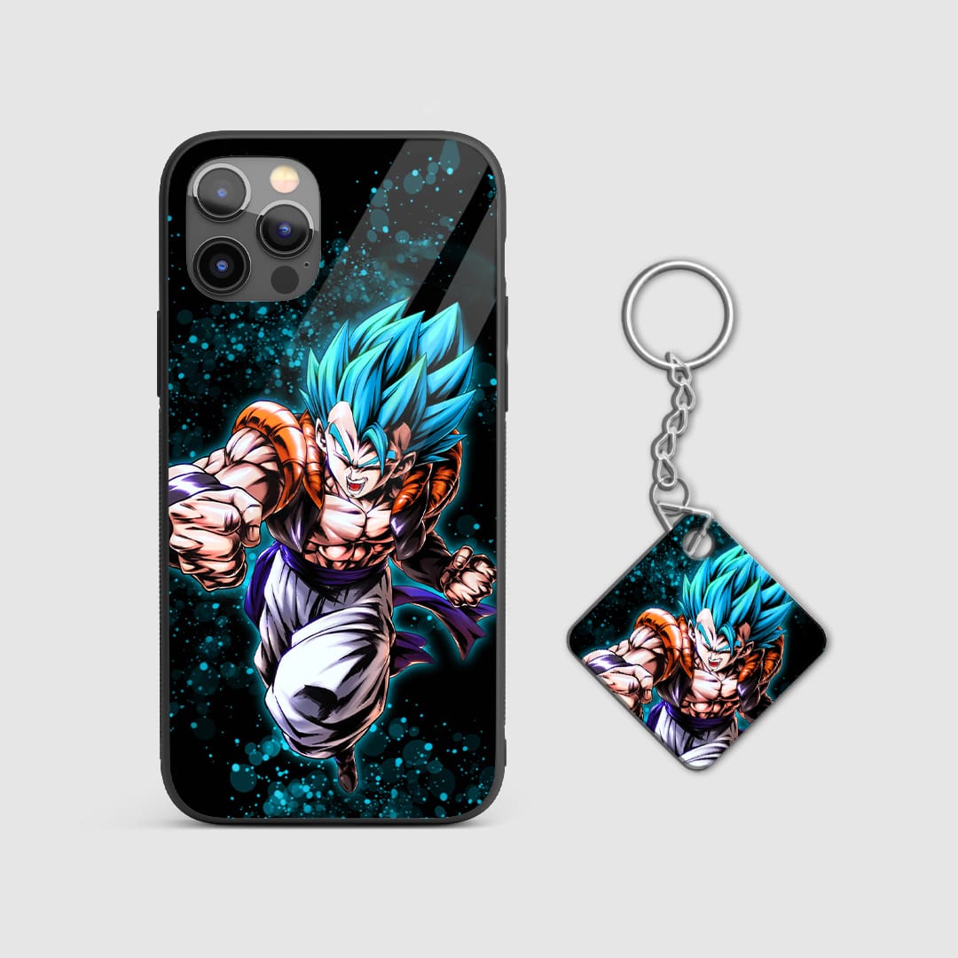 Dynamic depiction of Gogeta unleashing an energy attack on a durable silicone phone case with Keychain.