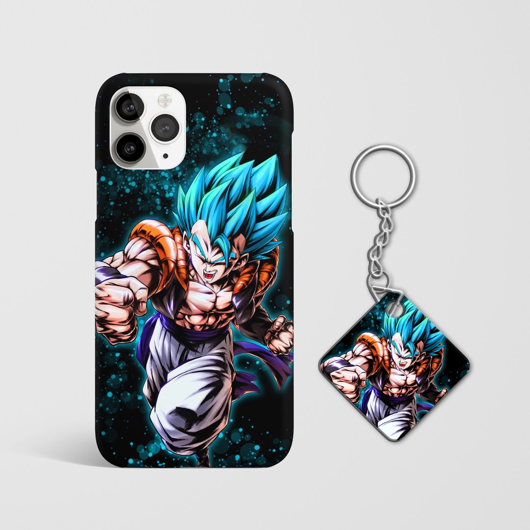 Detailed depiction of Gogeta's action scene on phone case with Keychain.