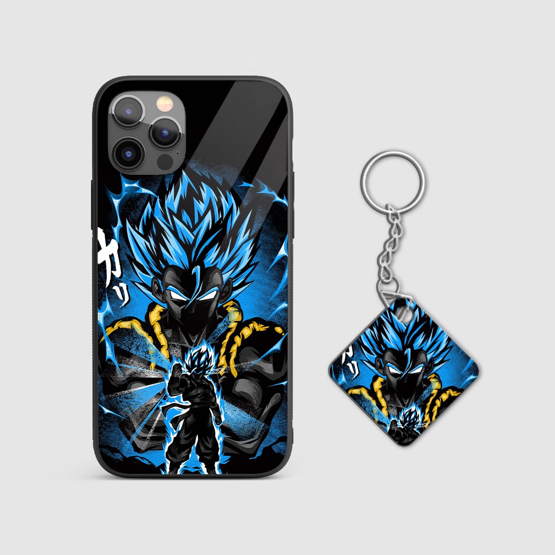 Illustration of Super Saiyan Blue Gogeta on a durable silicone phone case, showcasing his powerful energy with Keychain.