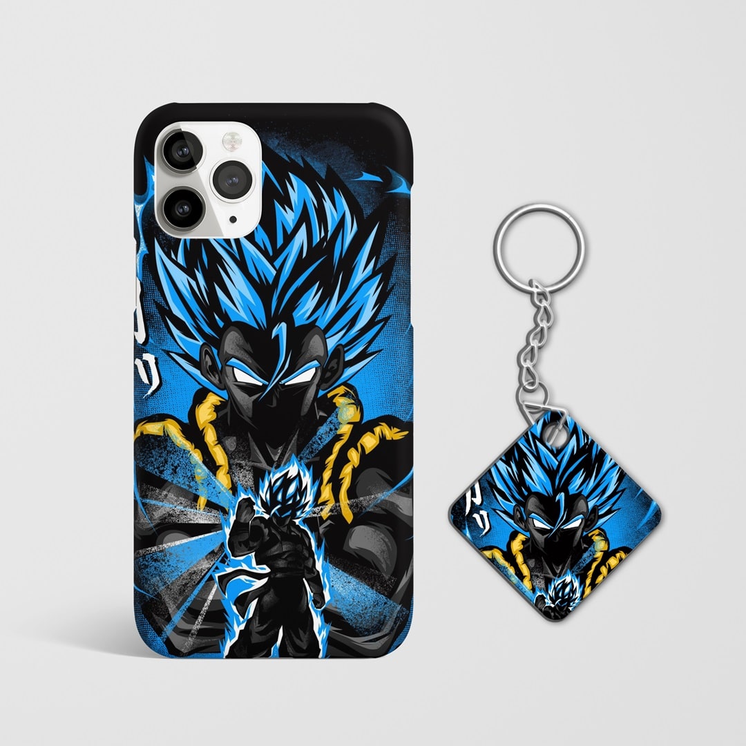 Close-up of Gogeta Blue's intense expression on phone cover with Keychain.
