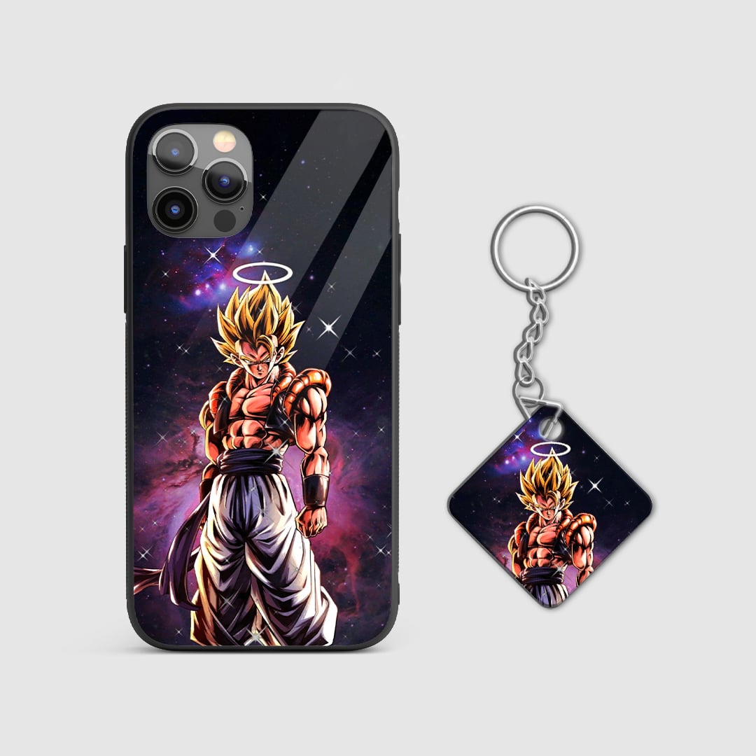 Dynamic representation of Ultra Gogeta on a high-quality silicone phone case, capturing his intense energy with Keychain.