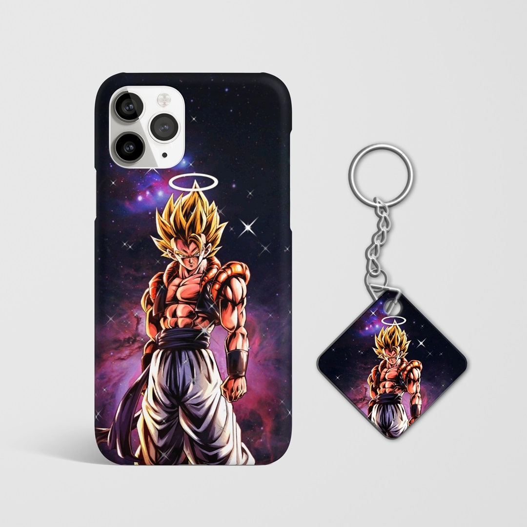Close-up detail of Gogeta Ultra's powerful aura on phone case with Keychain.