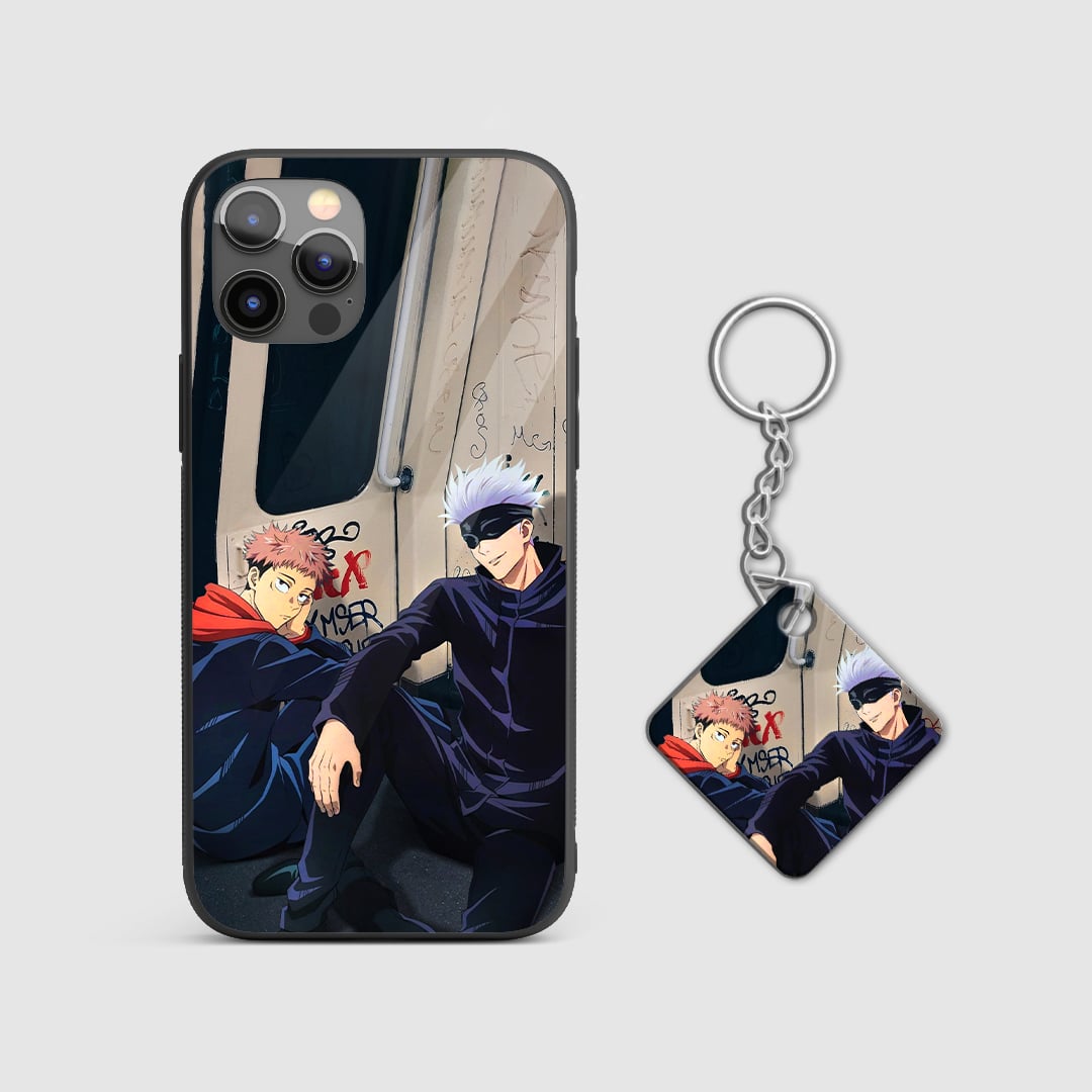 Illustration of Gojo and Yuji showcasing their powers on the silicone armored phone case with Keychain.